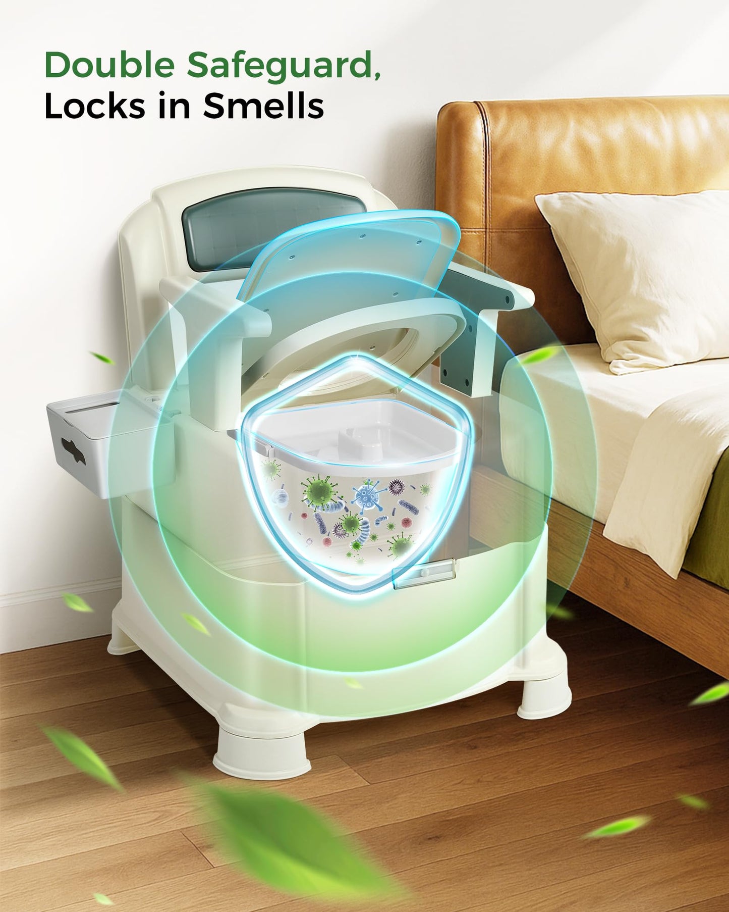 HygiVital Bedside Commode, 500lbs Heavy Duty & Upgraded Commode Toilet Potty Chair, Portable Camping Toilet, Detachable Armrests, Automatic LED Light, 2-Level Height, 3 Rolls of Commode Liners 【Green】