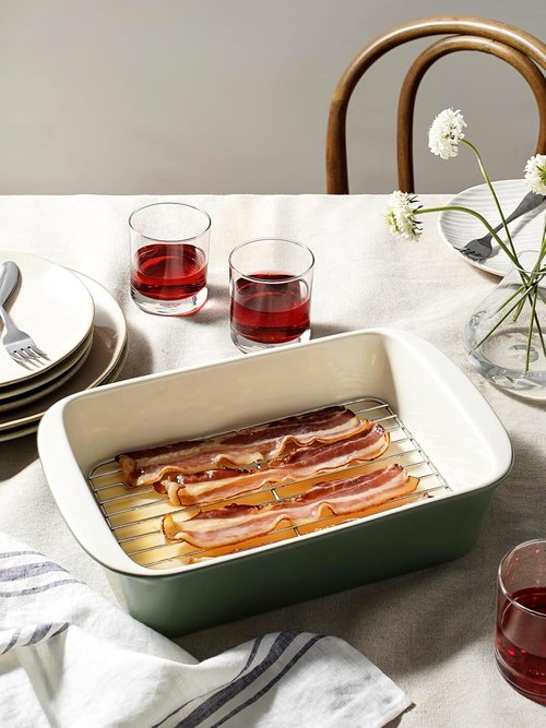 LE TAUCI Deep Casserole Dishes - Large Ceramic Baking Dish Set with Roasting Racks | Forest Green, 3-Piece Set (4.6QT/3.0QT/1.6QT)