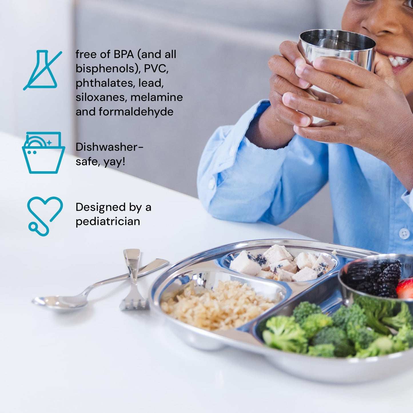 Ahimsa Stainless Steel Kids Utensils Set, Pediatrician Designed, Premium Kids Silverware, Non Toxic, Dishwasher Safe, Big Kid Fork and Spoon
