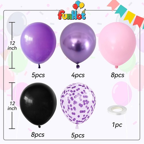 Metallic Purple Pink Balloons - 12 Inch Confetti Balloons for Girl Birthday & Baby Shower Decor