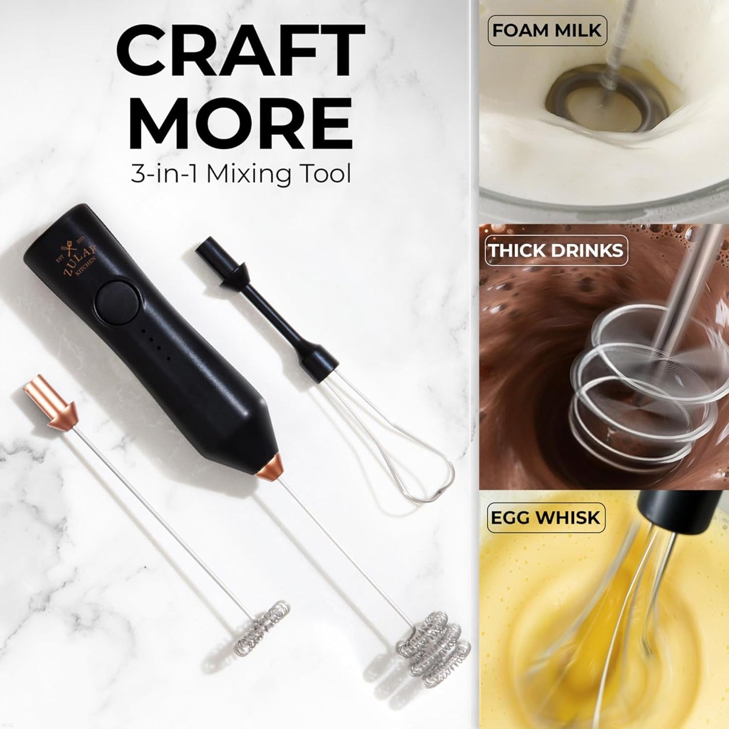 Zulay Kitchen Rechargeable Milk Frother - 3 Speeds & 3 Whisk Attachments - USB Charging for Lattes & Cappuccinos - Black Copper