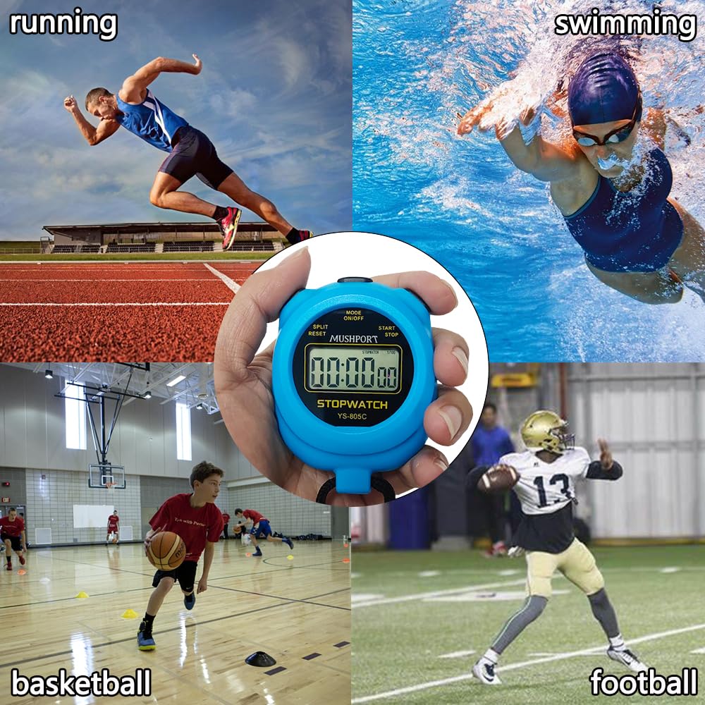 MUSHPORT 2 Pack Digital Stopwatch Sport Timer, ON/Off Countdown Large Display Simple Stop Watch for Sports Coaches PE-Teacher Referees, Blue
