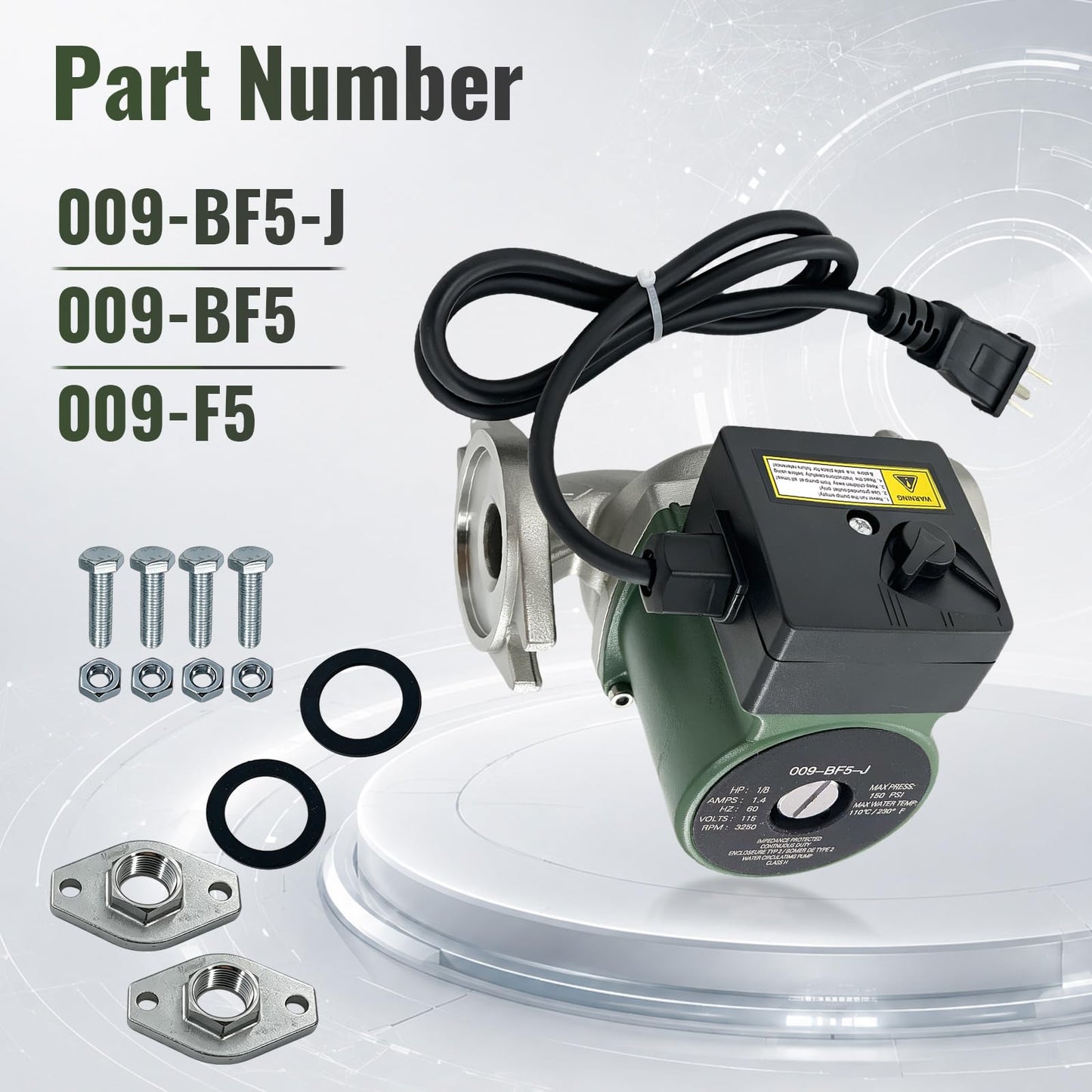 009-BF5-J Circulator Pump 1/8HP Stainless Steel Compatible with Taco 009-F5 115V 1.4A 1Phase Domestic Hot Water/Radiant Heating/Hydraulic Heating/Fan Coil Heating/Solar Energy & Other System Types