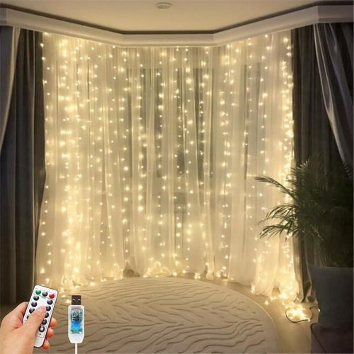 200 LED Fairy Curtain Lights - 6.6 x 6.6 FT Warm White USB Plug with Remote | 8 Modes for Christmas & Events
