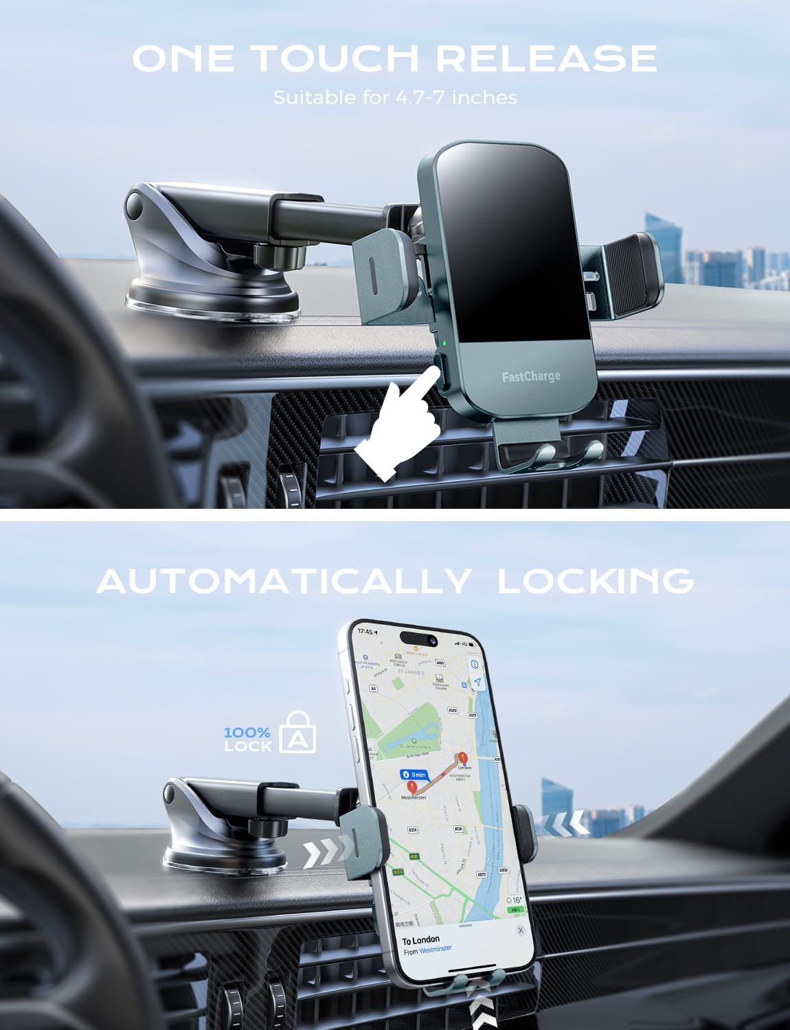 CHGeek 15W 15 14 13 12 11 S24 S23 S22 S21, S20, S10+, Wireless Car Charger, Fast Charging Auto Clamping Car Charger