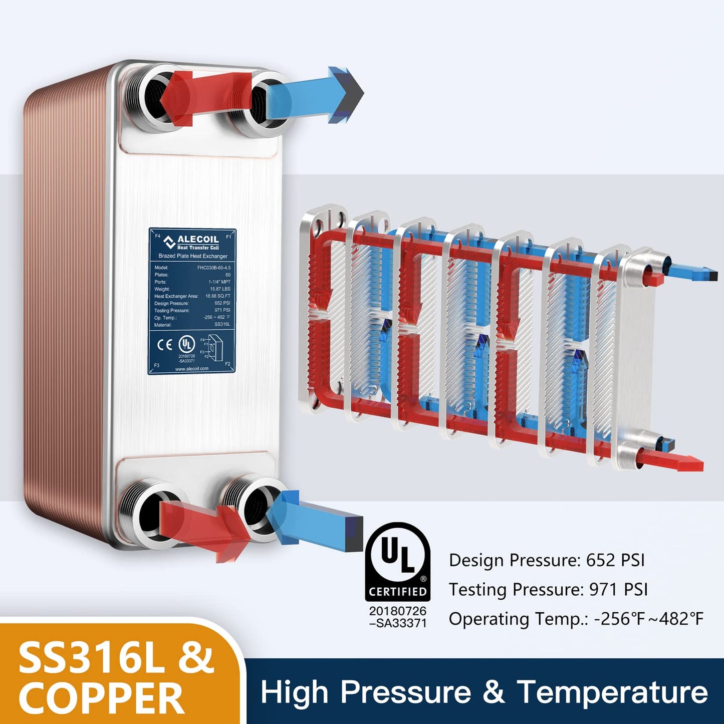 ALECOIL 5"x12" 60 Plates Heat Exchanger with 1-1/4" MPT Port Water to Water 316L Stainless Steel Brazed Plate Heat Exchanger for Water Heating, Floor Heating, Commercial and Industrial Refrigeration