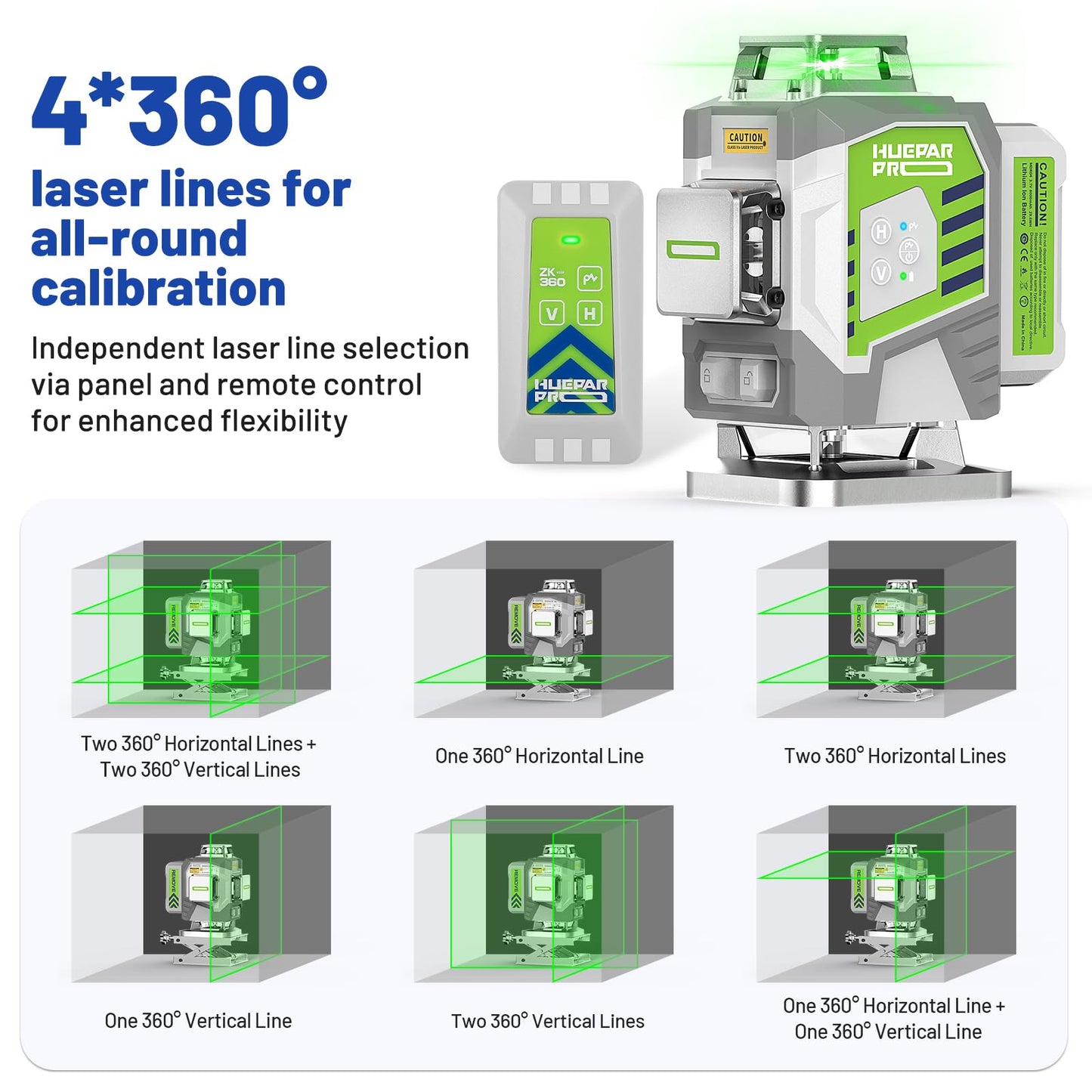 Huepar Pro Laser Level 360 Self Leveling, 4x360° Green Cross Line Laser Tool with Remote Control & Rechargeable Battery, High Accuracy 4D Laser for Construction, Magnetic Bracket -ZK04CG