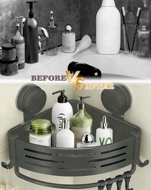 LOOCH 3 Pack Plastic Corner Shower Caddy with Twist-Lock Suction Cups & a Pre-Applied Adhesive Layer, The No-Drill Shower Organizer with Towel Bar & Drain Holes for Bathroom Storage & Decor（Grey）