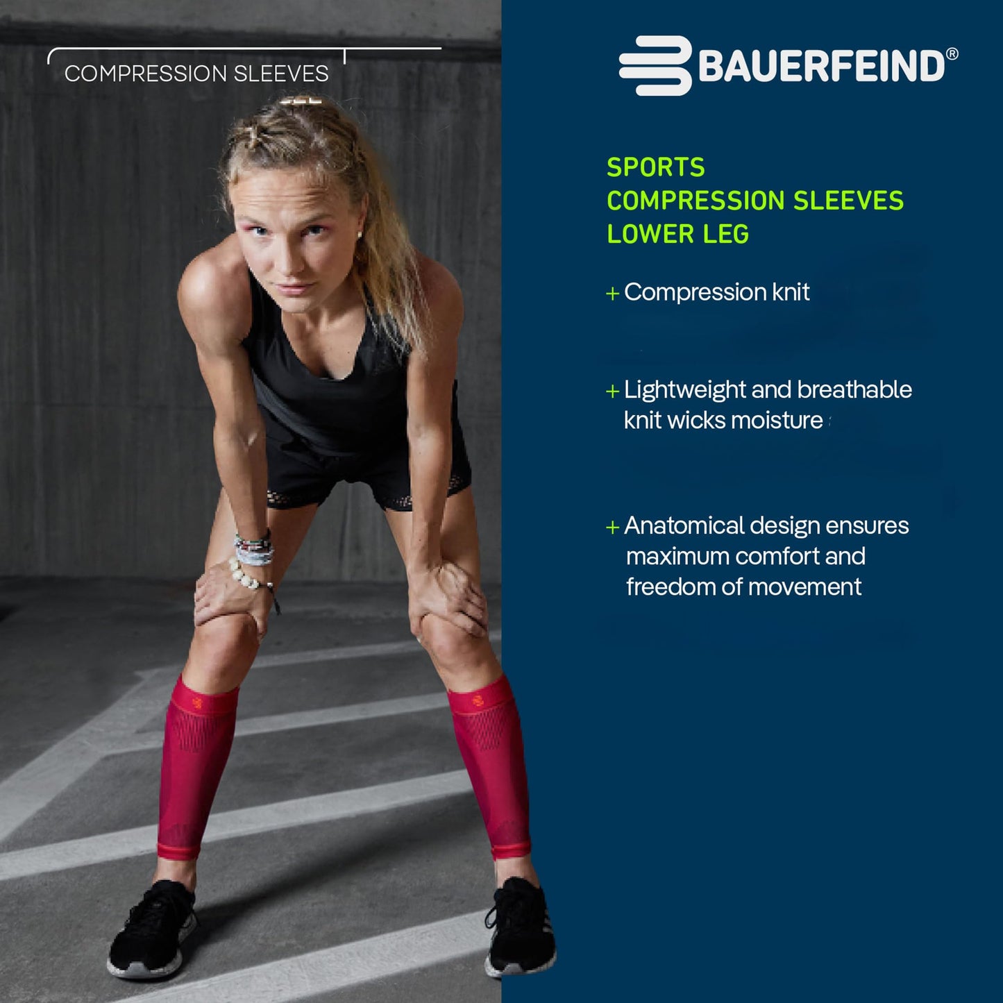 Bauerfeind Sports Compression Lower Leg Calf Sleeves (1 Pair) (Black, Medium/Long)
