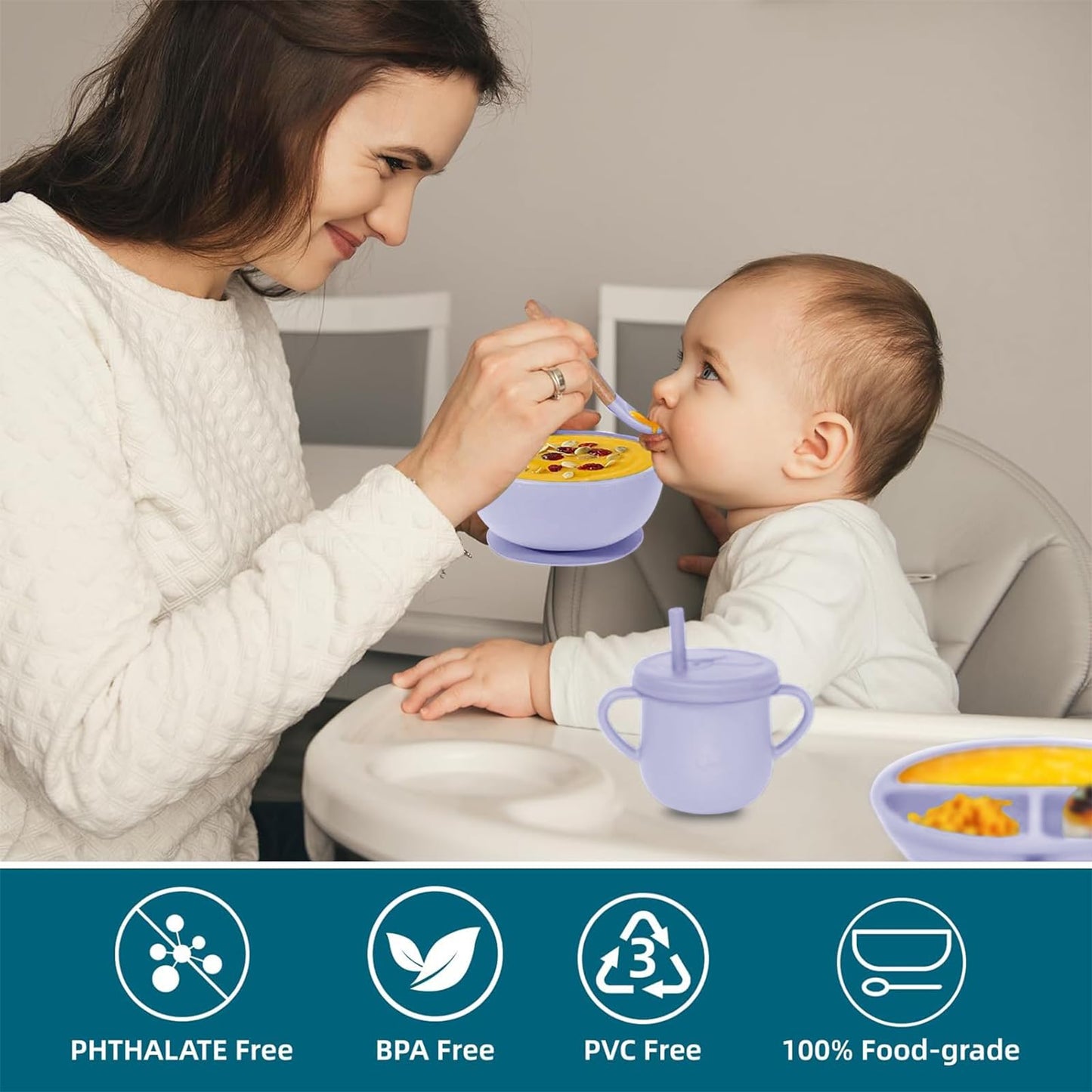 Dormlony 100% Silicone Baby Feeding Set,BPA Free Baby Dishes Set with Suction Bowl Divided Plate,Toddler Self Feeding Dish Set with Spoons Forks Sippy Cup and Bib, Baby Eating Utensils(Purple)