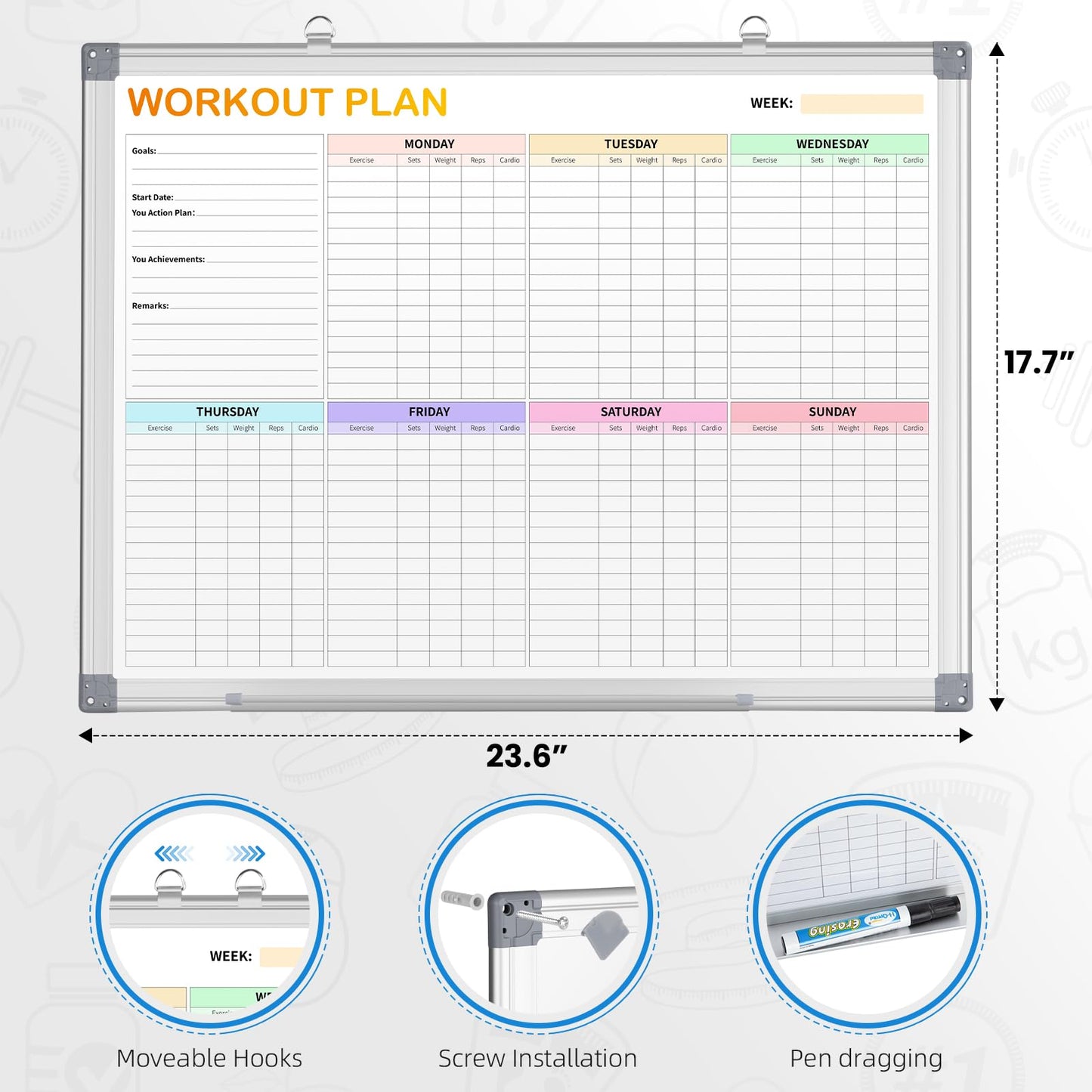 Fitness Tracker Magnetic Whiteboard Workout Plan Dry Erase Board for Wall 24'' x 18'',Hanging Mounted Weekly Fitness Tracker Gym Exercise Tracker Schedules and Checklists