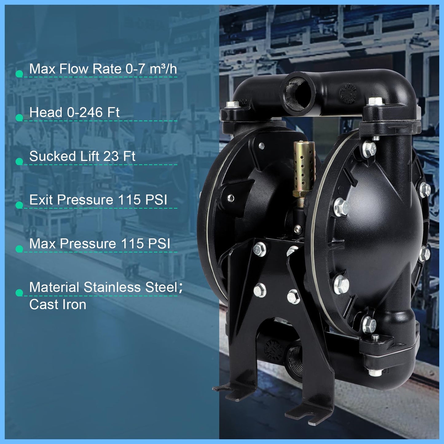 Air-Operated Double Diaphragm Pump For Environmental Protection Drainage Construction Petroleum Chemical Pharmaceutical Electric Power (Black, 1 Inlet Outlet)