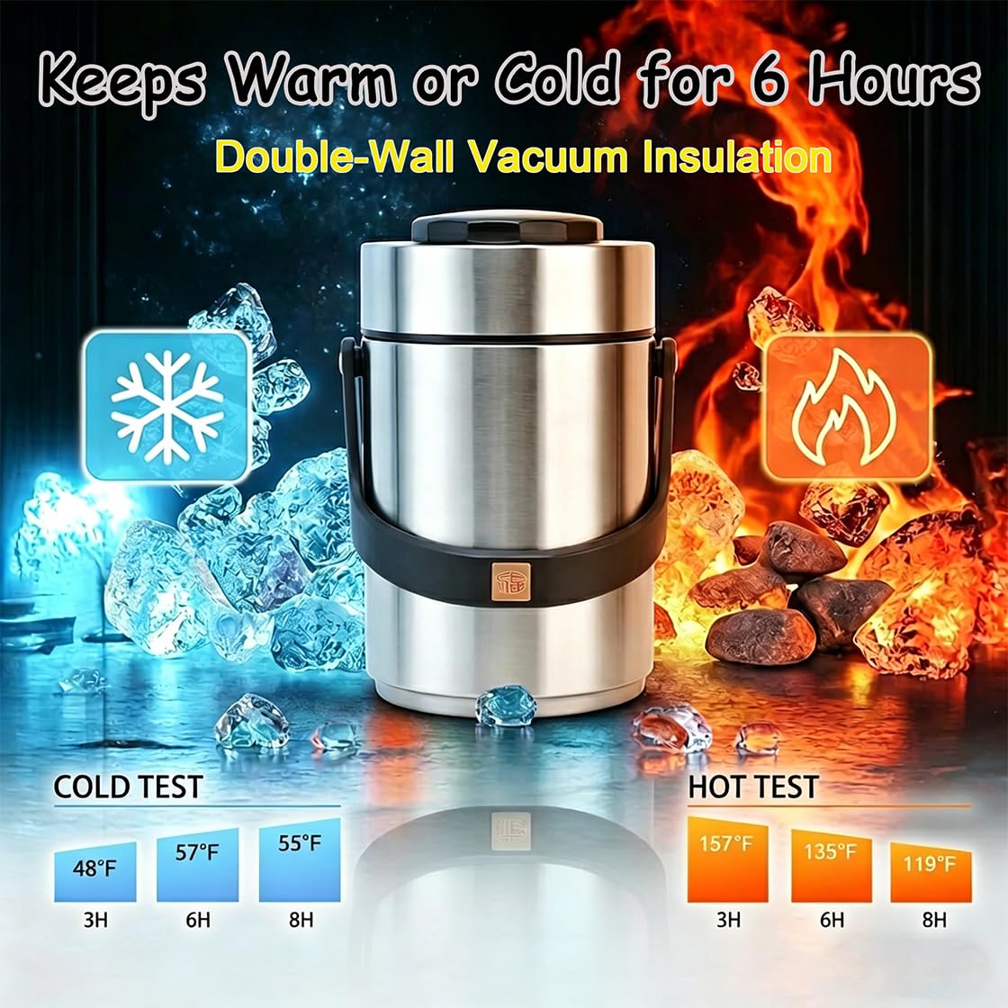 67oz Adults Stainless Steel Vacuum Insulated Thermal Lunch Box, 3 Tier Stackable Sealed Leak-Proof Wide Mouth Portable Bento Food Container, Hot Food Thermo Jar for Soup Office & Outdoor (Silver)