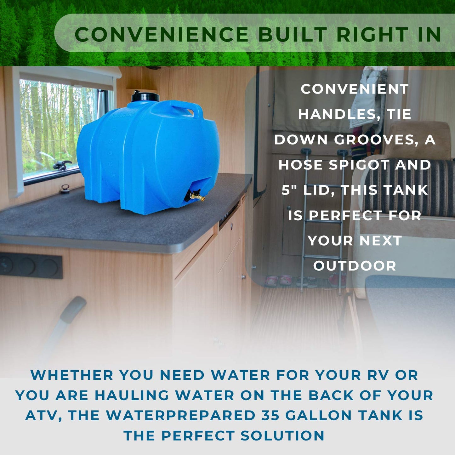 WaterPrepared Portable Water Tank, Plastic Handle & Hose Spigot, 35 Gallon, Blue - Heavy-Duty Beverage and Hydration Dispenser for Outdoor and Camping Trip