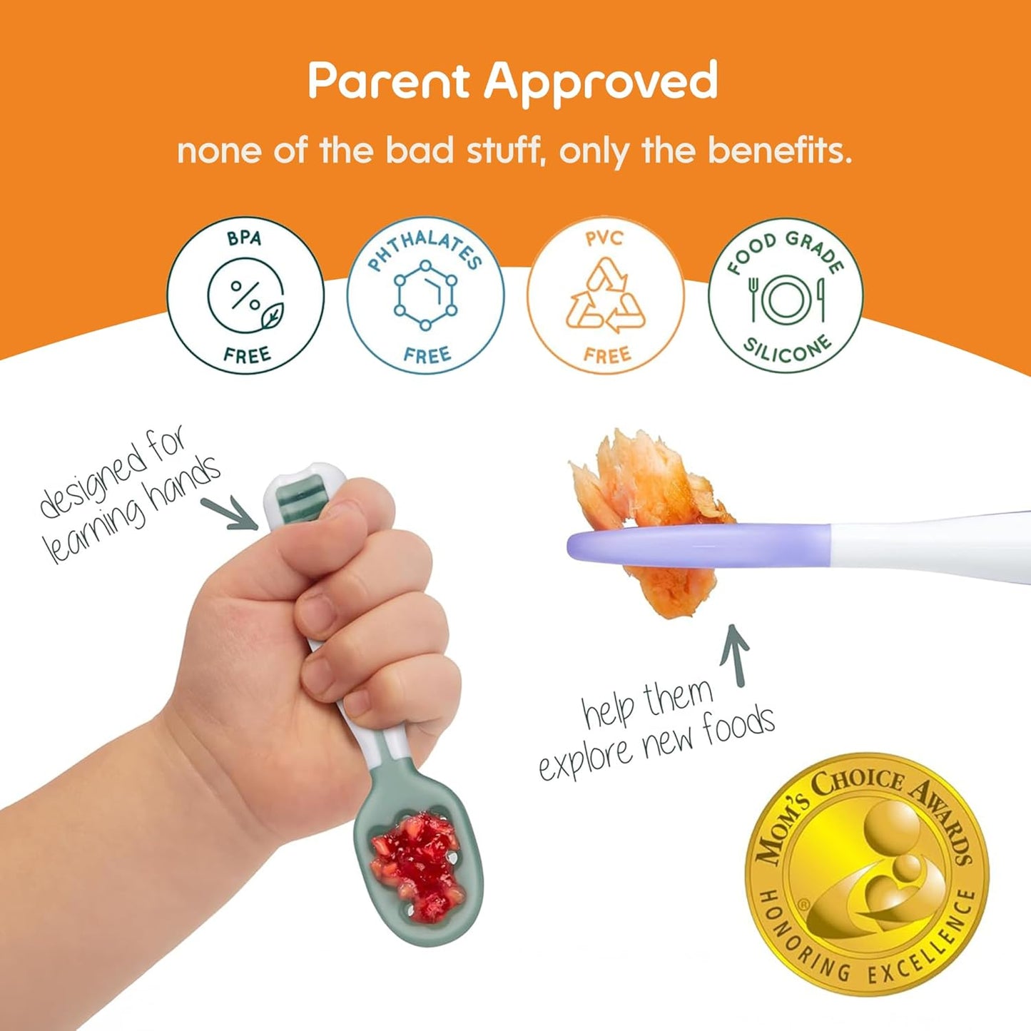 NumNum Baby Spoons Set - GOOtensils for Self-Feeding | BPA-Free Silicone Utensils for 6+ Months, 2 Pack Blue/Orange