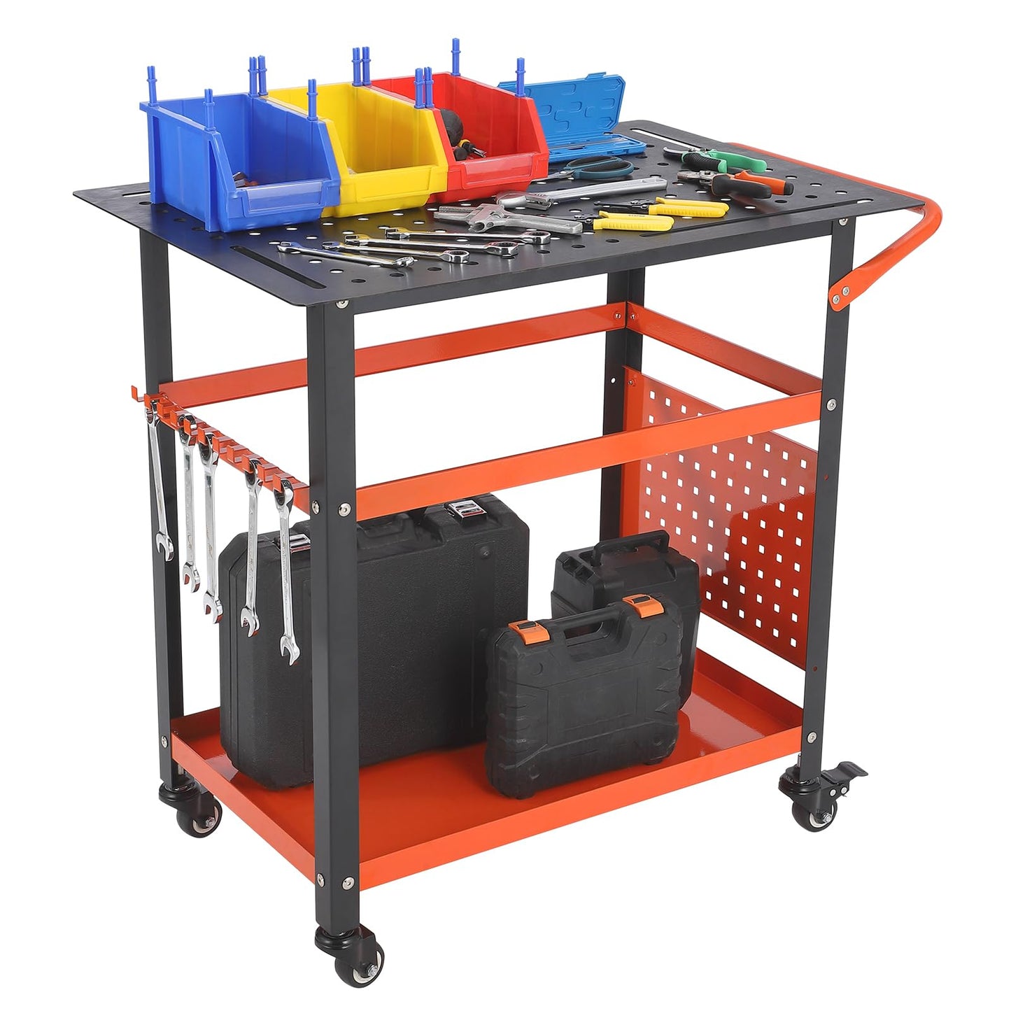 GarveeLife 36"X24" Welding Table with Wheels & Storage,Professional Heavy Duty Steel Welding Bench with Pegboard, Portable Mobile Welding Table for Hobbyist Workshop Orange