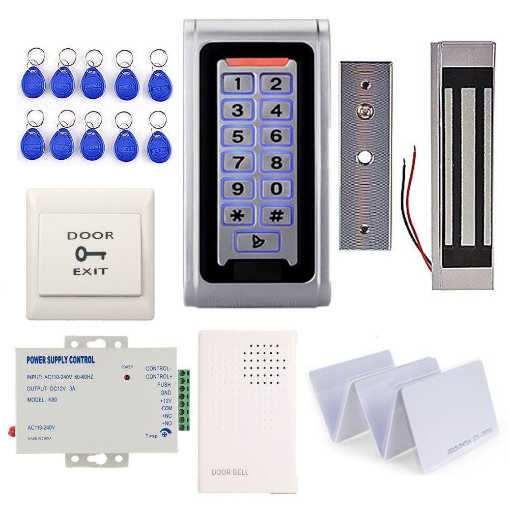 MENGQI-CONTROL Waterproof Metal RFID Keypad Door Entry Systems & 600lbs Electric Magnetic Lock+110V Power Supply+Push to Exit Button+RFID Keychains/Cards
