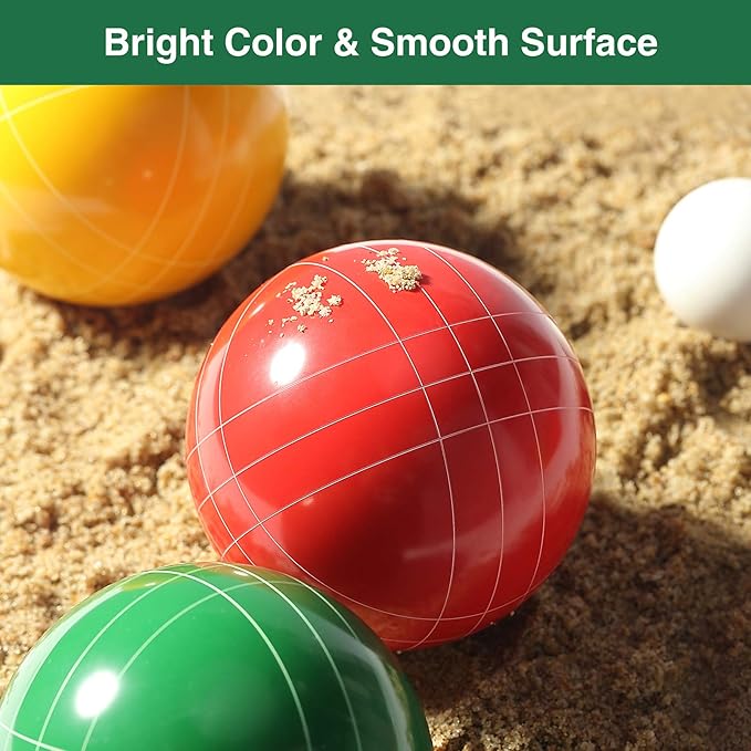 Bocce Balls Set, 90mm Regulation Size and Weight, Durable Beach/Yard/Lawn Game for Kids, Adults and Family. Including 8 Bocce Balls, Pallino, Measuring Rope and Carrying Bag.