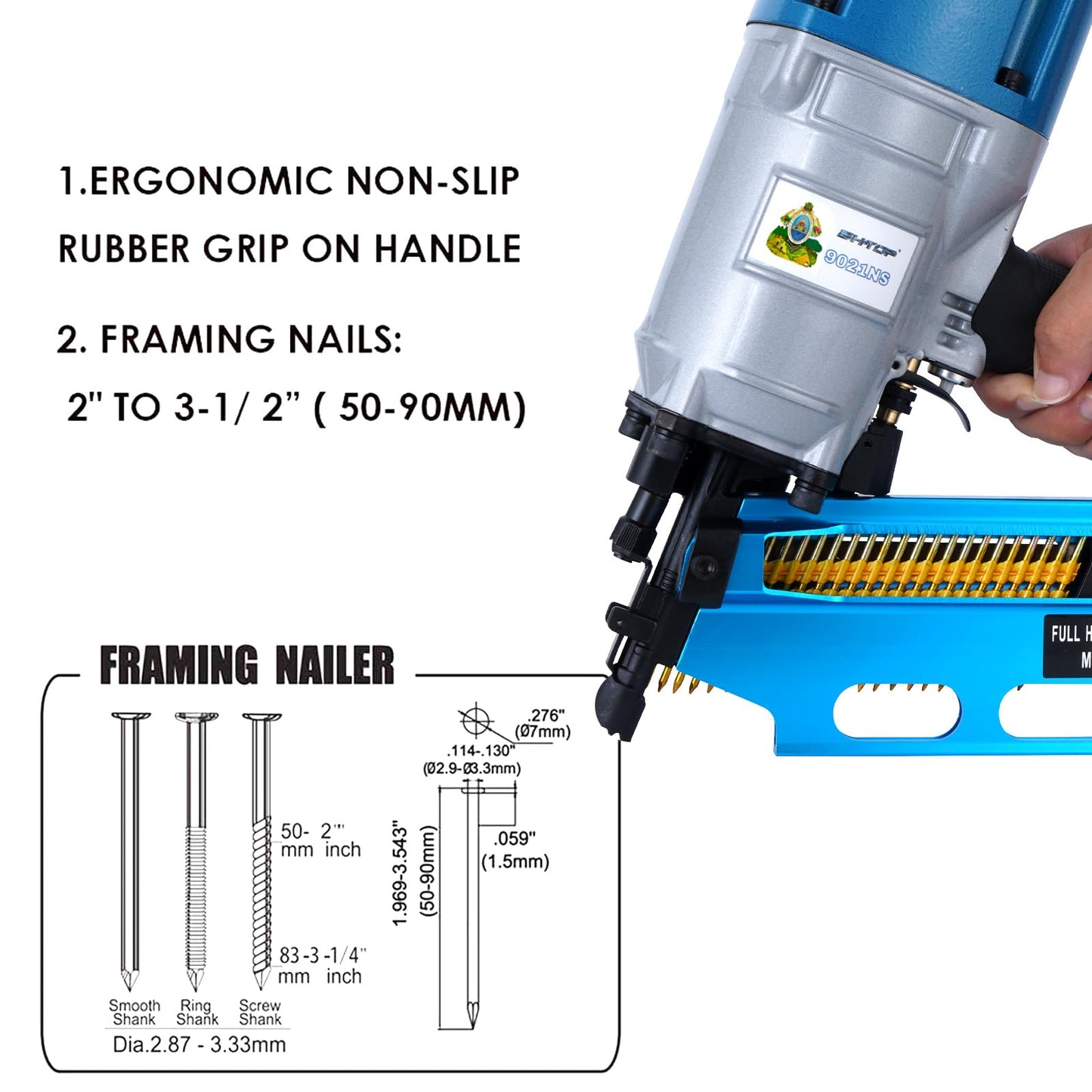 BHTOP Honduras Style 9021NS Framing Nailer 21 Degree 3-1/2" with Depth Adjustment Professional Air Nail Gun