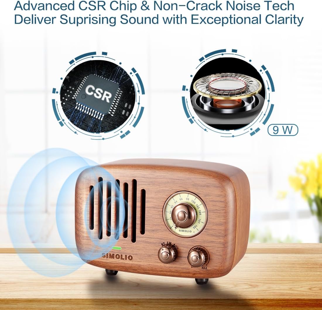 SIMOLIO Retro Bluetooth Speakers with Loud HD Sound, Nature Black Walnut Vintage Style Wooden Speaker with FM Radio