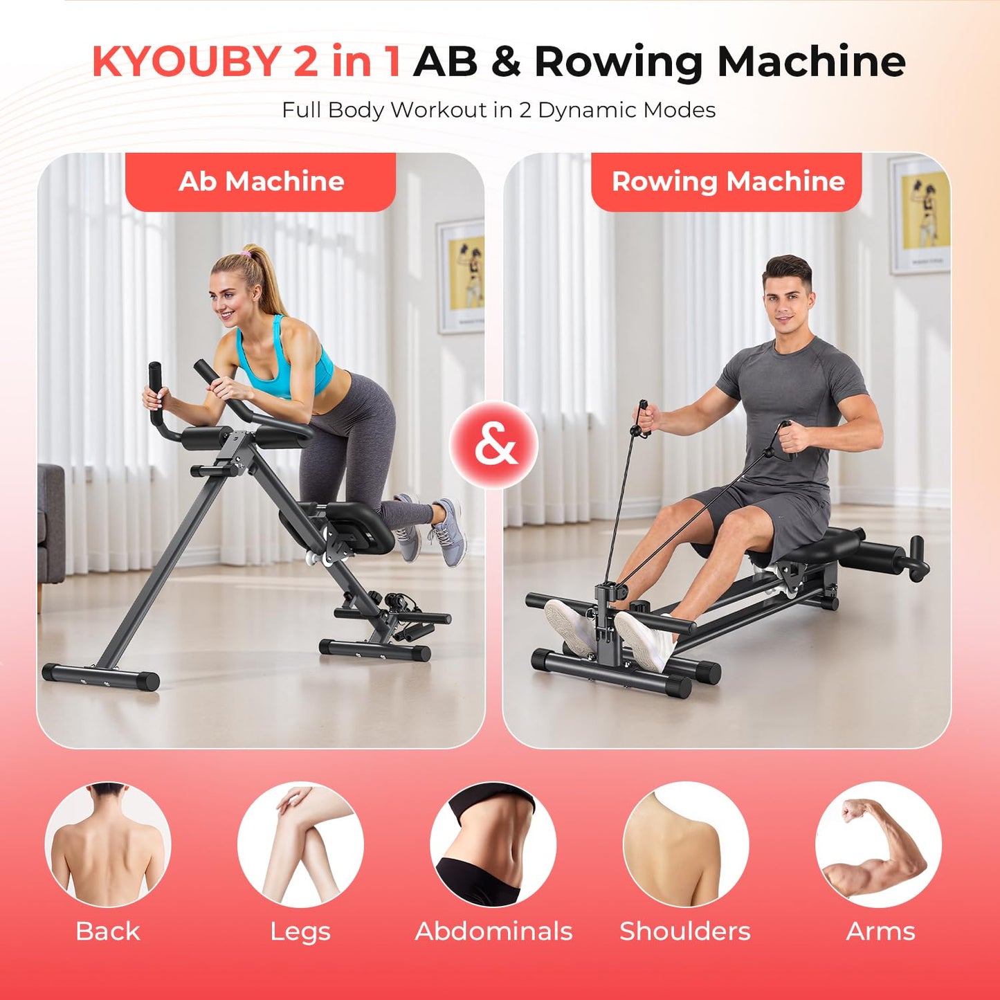 Ab Machine and Rowing Machine, 4 in 1 Rowing Machines for Home with 2 Adjustable Inclined Angles,Foldable Rower Machine with 7 Adjustable Handle Heights,260 LBS Black