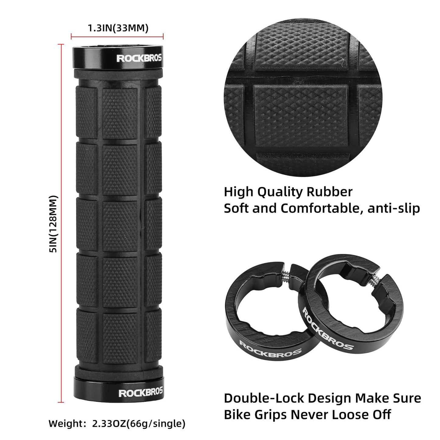 ROCKBROS Bike Handlebar Grips Bike Grips Double Lock On Comfortable Bicycle Handlebar Grips Non-Slip for Mountain Bike BMX Bike Scooter Beach Cruiser, Folding Bike