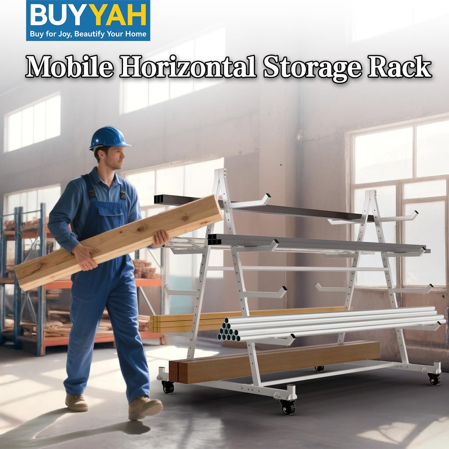 BUYYAH Horizontal Storage Rack with 4 Swivel Wheels, Heavy Duty Mobile Material Handling Conduit Pipe Rack, 5ft x 3.7ft x 4.3ft