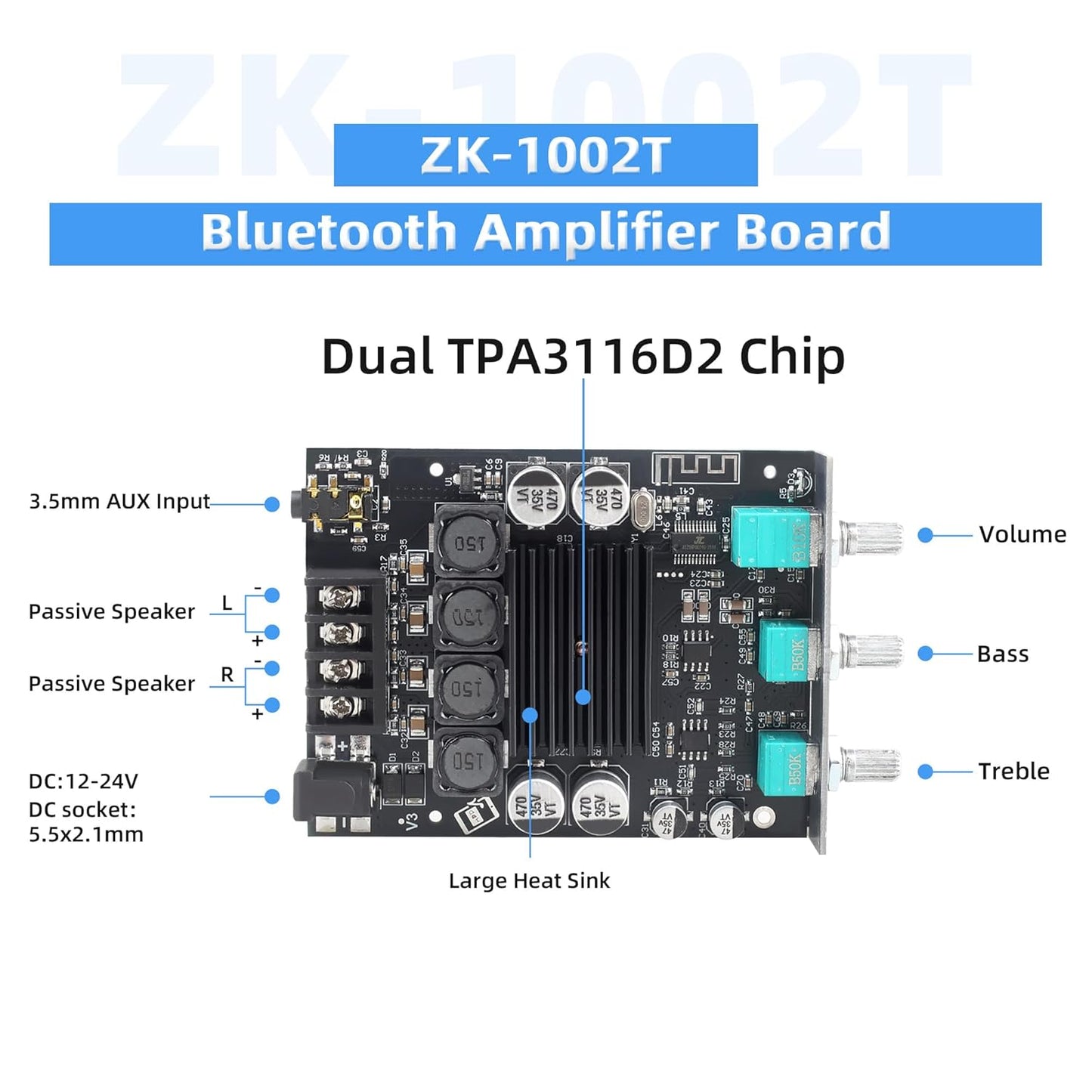 Wuzhi Audio ZK-1002T 100W+100W 12-24V (Black2 ZK-1002T) Bluetooth Amplifier Board Audio Amplifier Supports
