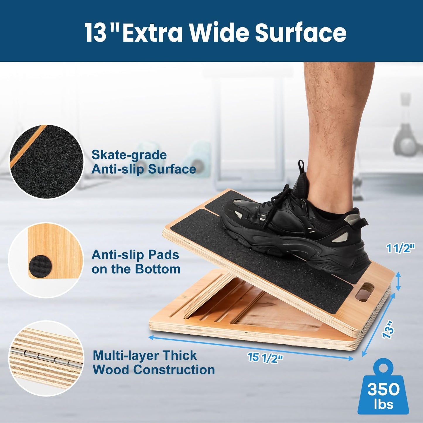 StrongTek 13” Wide Portable Wooden Slant Board, 5-Level Incline (15°-35°), Lower Grip Handle, Beginner & Rehab Friendly, Non-Slip Surface for Calf Stretching, Squats, Physical Therapy