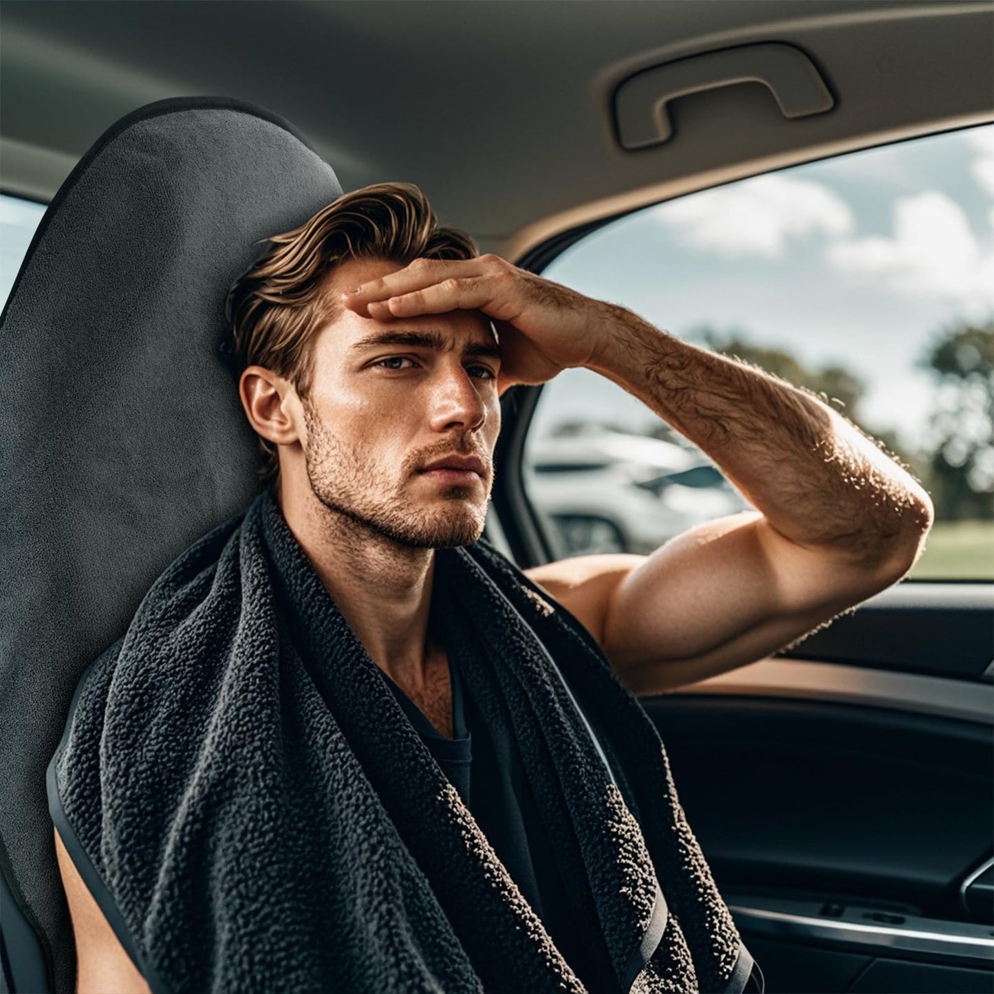 2 Pack Waterproof Sweating Car Seat Cover for Post Gym Workout, Running, Swimming, Beach and Hiking, Universal Fit Non-Slip Towel Bucket Seat Protector for Cars SUV Trucks, Machine Washable (Gray)