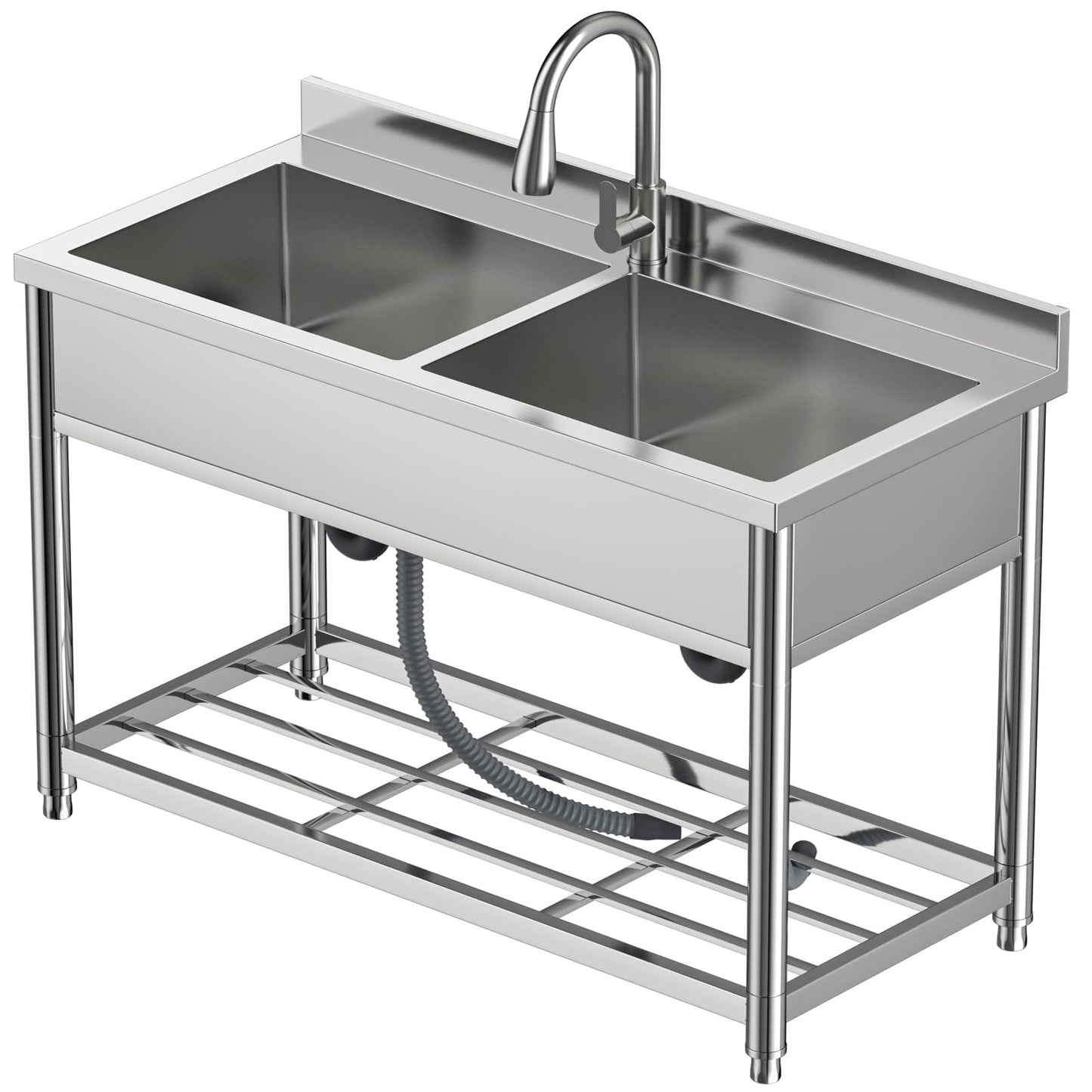 GGW 2-Compartment Commercial Sink, Stainless Steel Utility Sink with Pull-out Faucet, Free Standing Double Bowl Kitchen Sink for Restaurant, Garage, Shop, Cafe, Outoor, 21.7"D x 47.2"W x 37"H