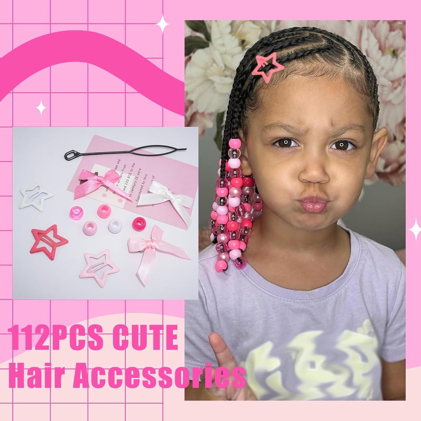 Skiennix Pink Hair Beads for Braids - 112PCS Non-Slip Acrylic Hair Jewelry | Cute Accessories for Girls