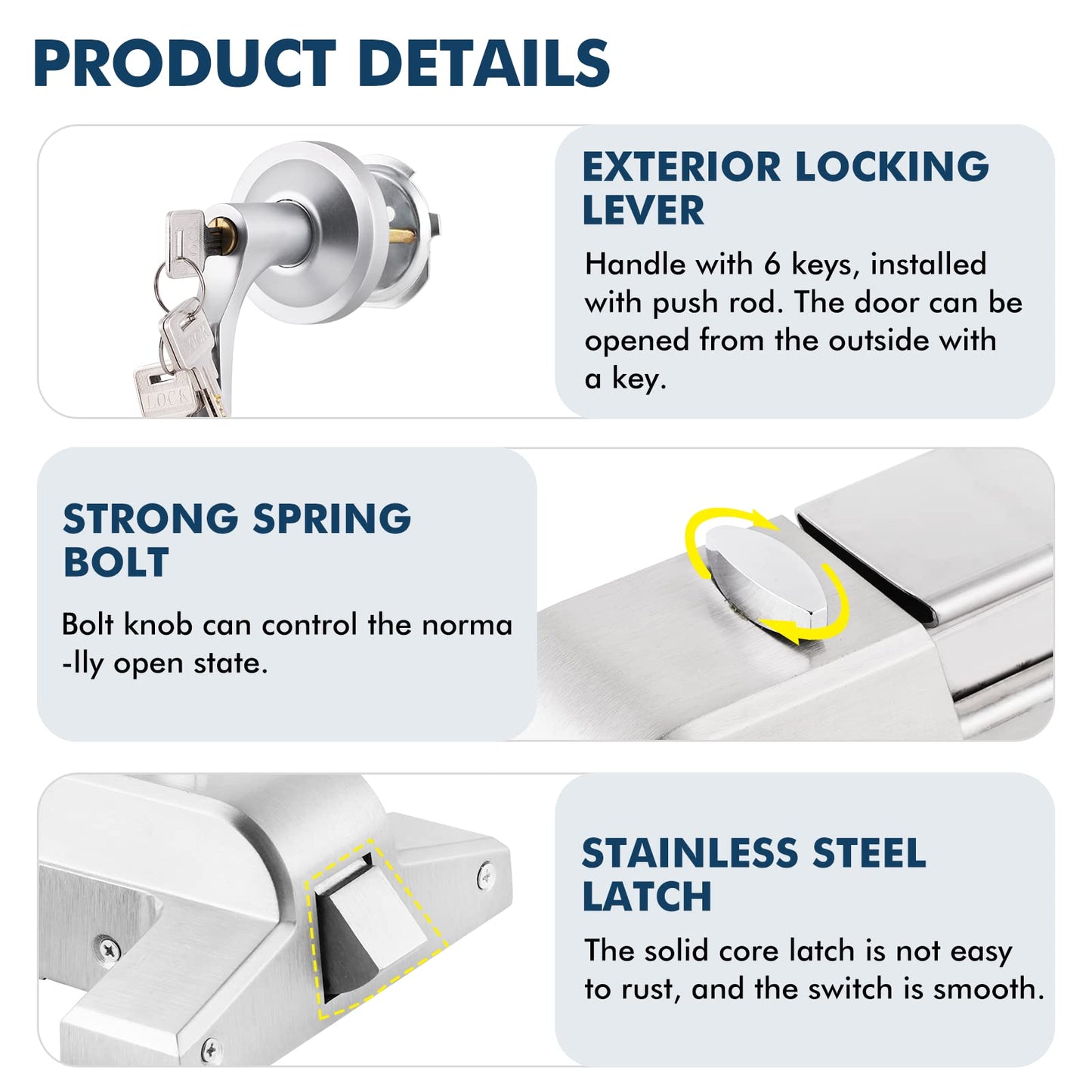 Commercial Door Push Bar Panic Exit Device with Alarm Exterior Lever 80cm/31.5" Stainless Steel Panic Bars for Exit Doors Emergency Exit Panic Door Hardware with 6 Keys for 31”-47” Wood Metal Doors