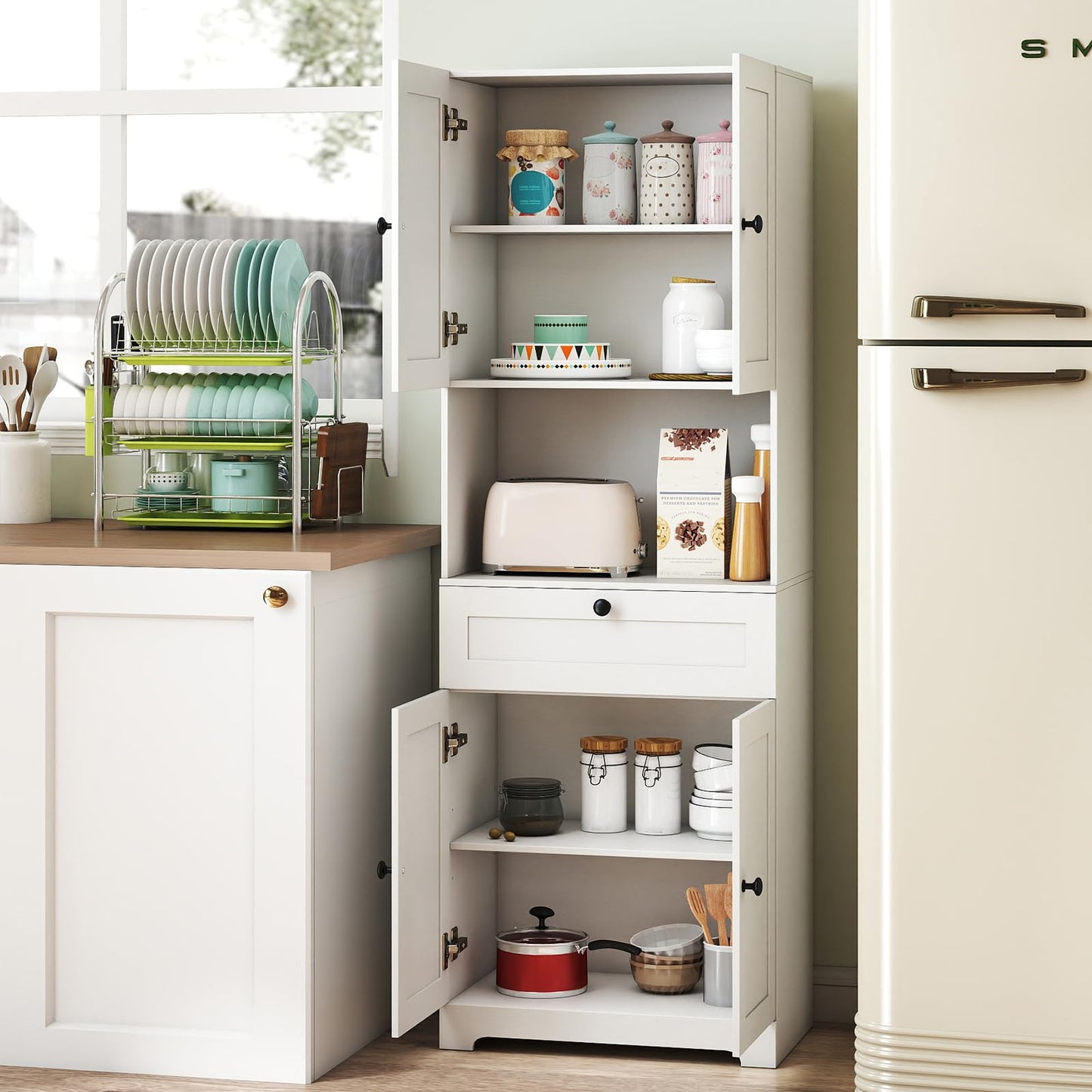 Giantex Kitchen Pantry Cabinet, 67.5" Tall Floor Storage Cabinet w/4 Doors & 1 Drawer, Modern Freestanding Bathroom Organizer w/Open Countertop & Adjustable Shelf for Dining Room, Living Room (White)