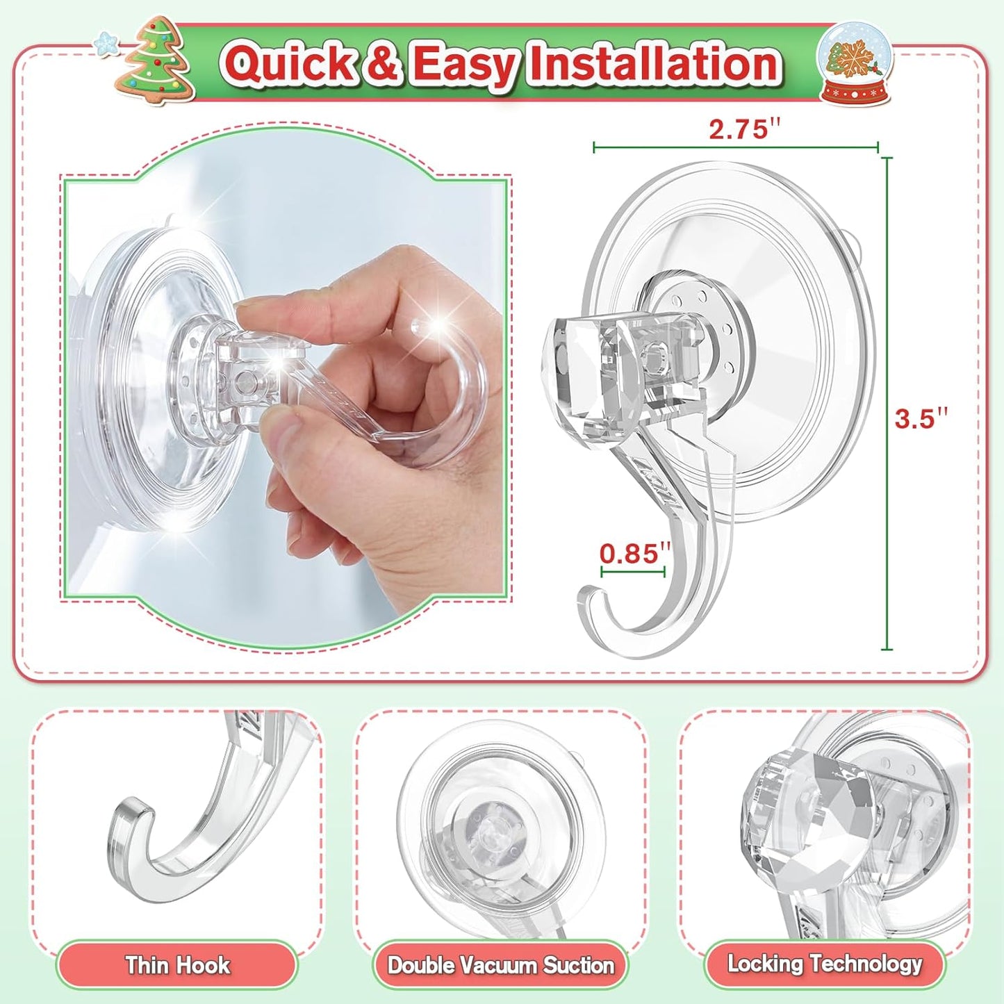 VIS'V Wreath Hanger - Heavy Duty Suction Cup Hooks | 22 LB Capacity, Clear, 6 Pack, Removable & Reusable