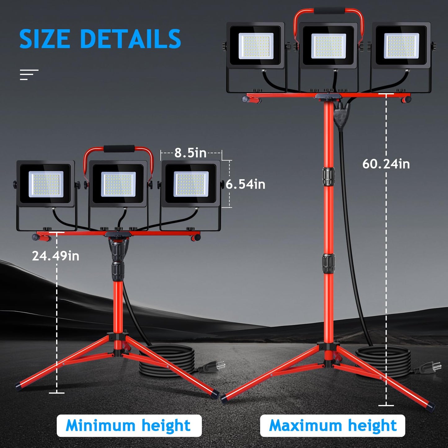 Juyace 2-Pack 150W LED Work Light with Tripod Stand, 15000LM Dual Head Flood Light, IP65 Waterproof Portable Job Site Lamp, 5000K with Independent Switches for Garage, Workshop, Construction, Camping