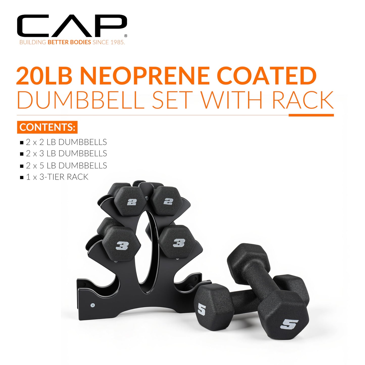 CAP Barbell 20 LB Set of Neoprene Dumbbells with Rack | 2, 3, 5 LB pairs