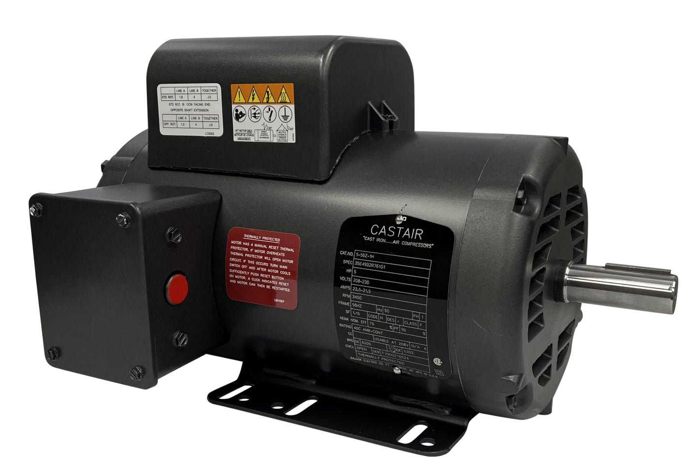 BALDOR 5HP AIR COMPRESSOR ELECTRIC MOTOR, 56HZ FRAME, 3450RPM, 208/230V, SINGLE-PHASE, 7/8" SHAFT, 1.15 SERVICE FACTOR MADE IN USA