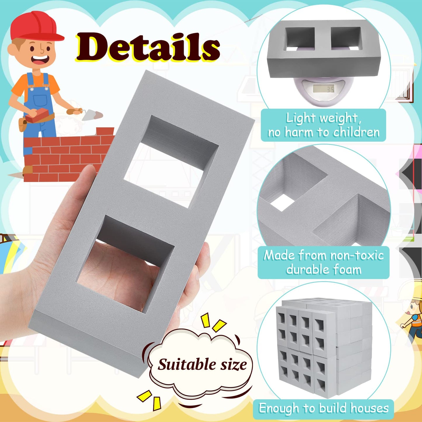 Deekin Foam Brick Building Blocks for Kids Thick Blocks Foam Large Fake Brick Construction Toy for Stacking Construction Gifts, 8 x 4 x 2.4 in(30 Pcs,Square Holes)