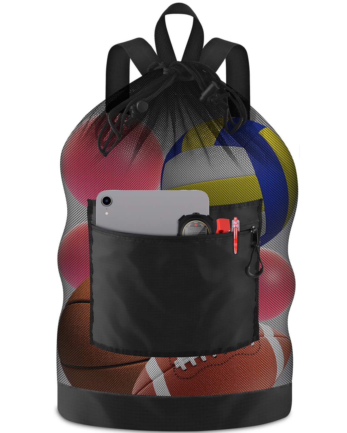 BROTOU Soccer Ball Bag with Double Shoulder Strap Large Mesh Sports Equipment Net Bag with Top Handle Heavy Duty Drawstring Bags Team Work for Basketball, Volleyball, Baseball, Swimming Gear