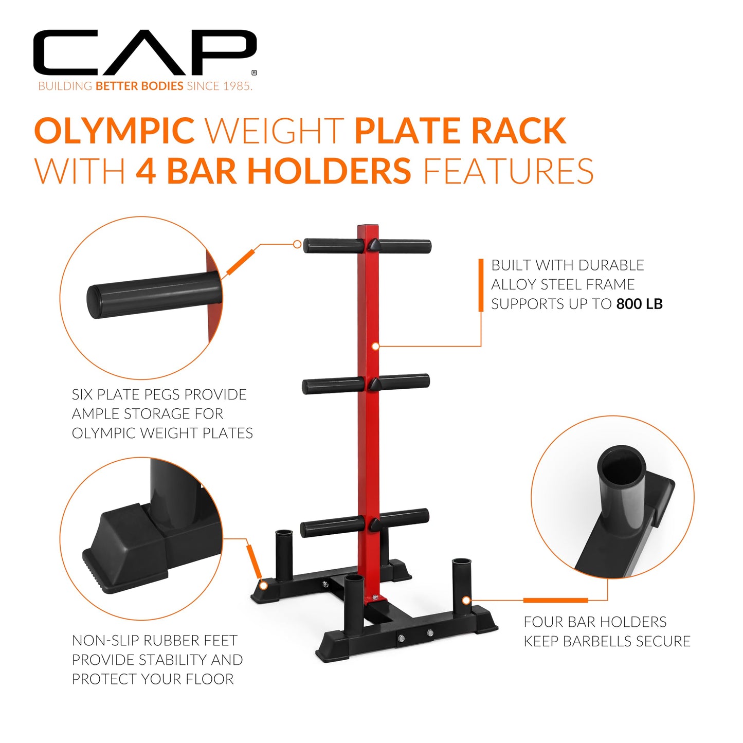 CAP Barbell Olympic Bumper Plate Tree Rack with 6 Weight Plate Posts and 4 Barbell Storage Holders – Heavy-Duty Steel Gym Organizer for Olympic Plates and Bars - Black/Red