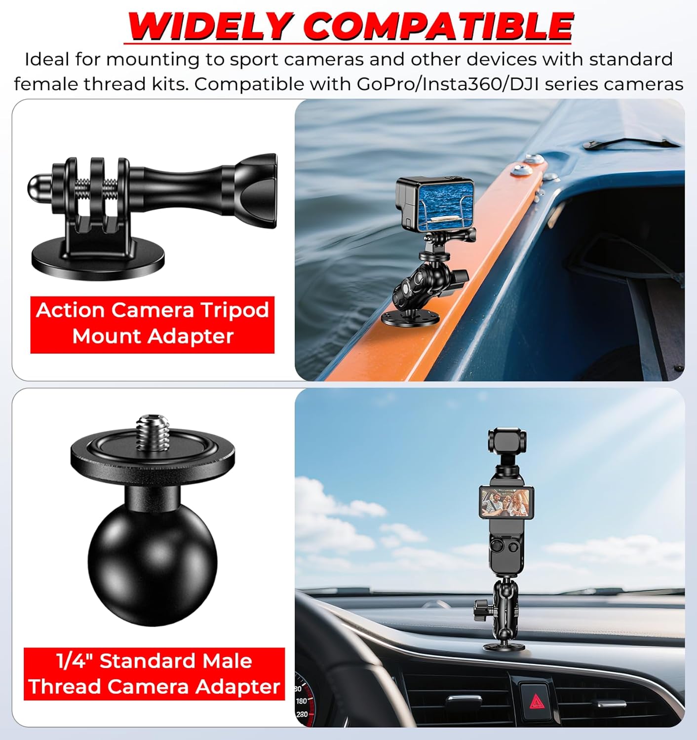 VAZESWIN 1/4" Insta360 360 1" Aluminum Alloy Camera Mount - with Thread Tripod Adapter for Gopro DJI Action Cameras