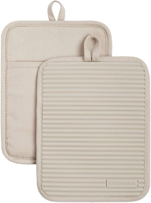 KitchenAid Ribbed Soft Silicone Pot Holder Set - 2-Pack in Milkshake Tan | 7"x9" Size