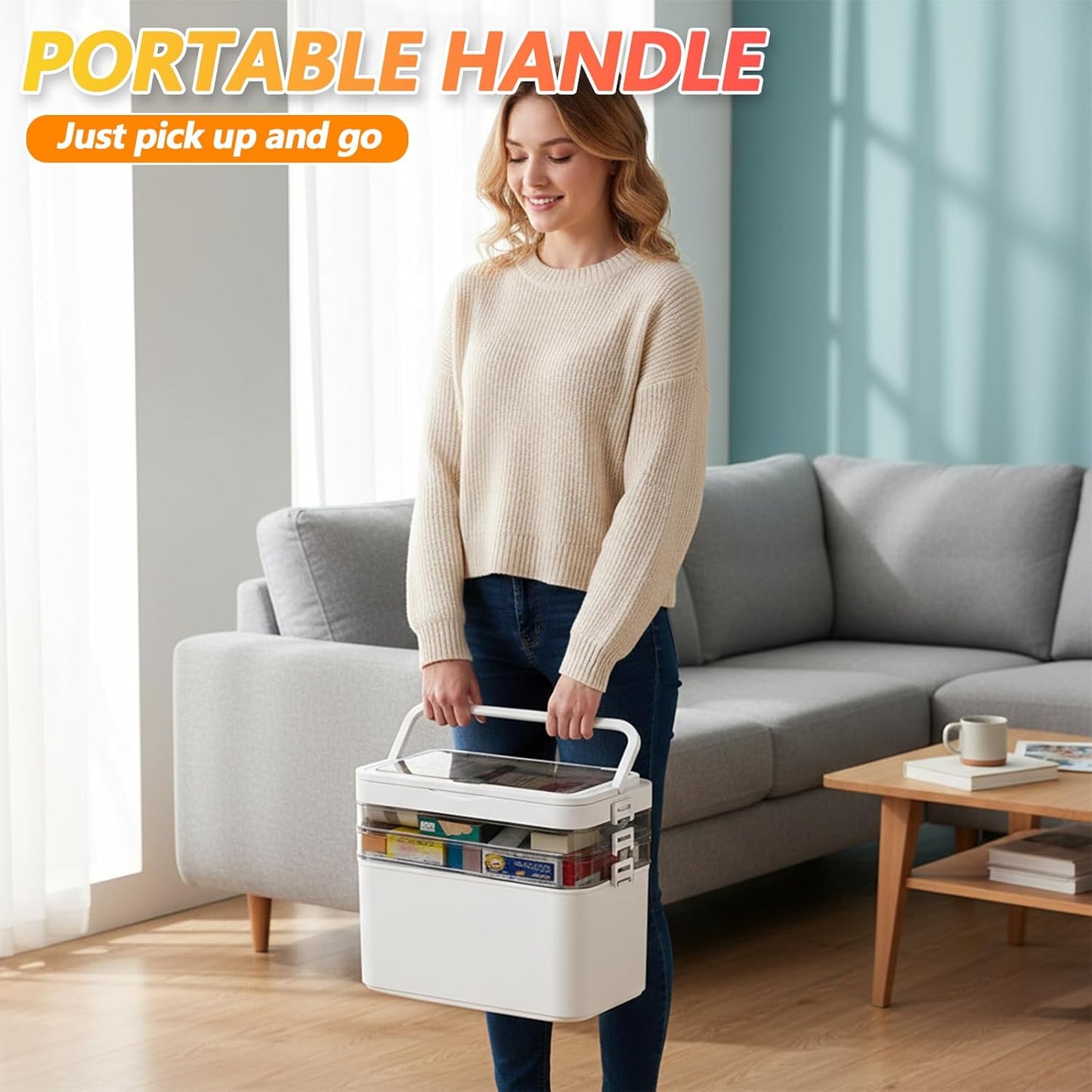 Skiennix 4-Tier Medicine Cabinet Organizer - Portable Medical Box with Handle & Removable Tray