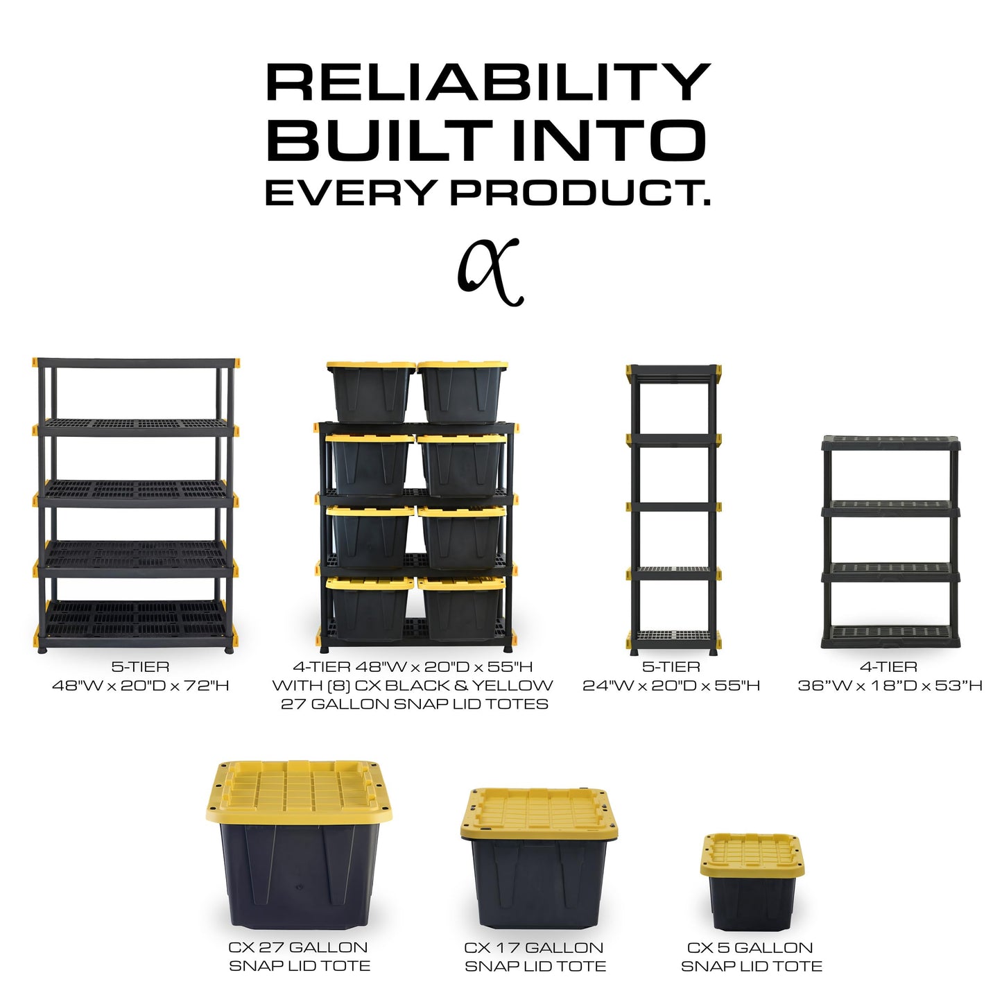 CENTREX CX 5-Tier Heavy Duty Plastic Storage Shelves that Support up to 150lbs/shelf, Organization and Storage, Weather-Resistant Design, Easy Assembly, 2 Pack, Black (72”H x 36”W x 18”D)