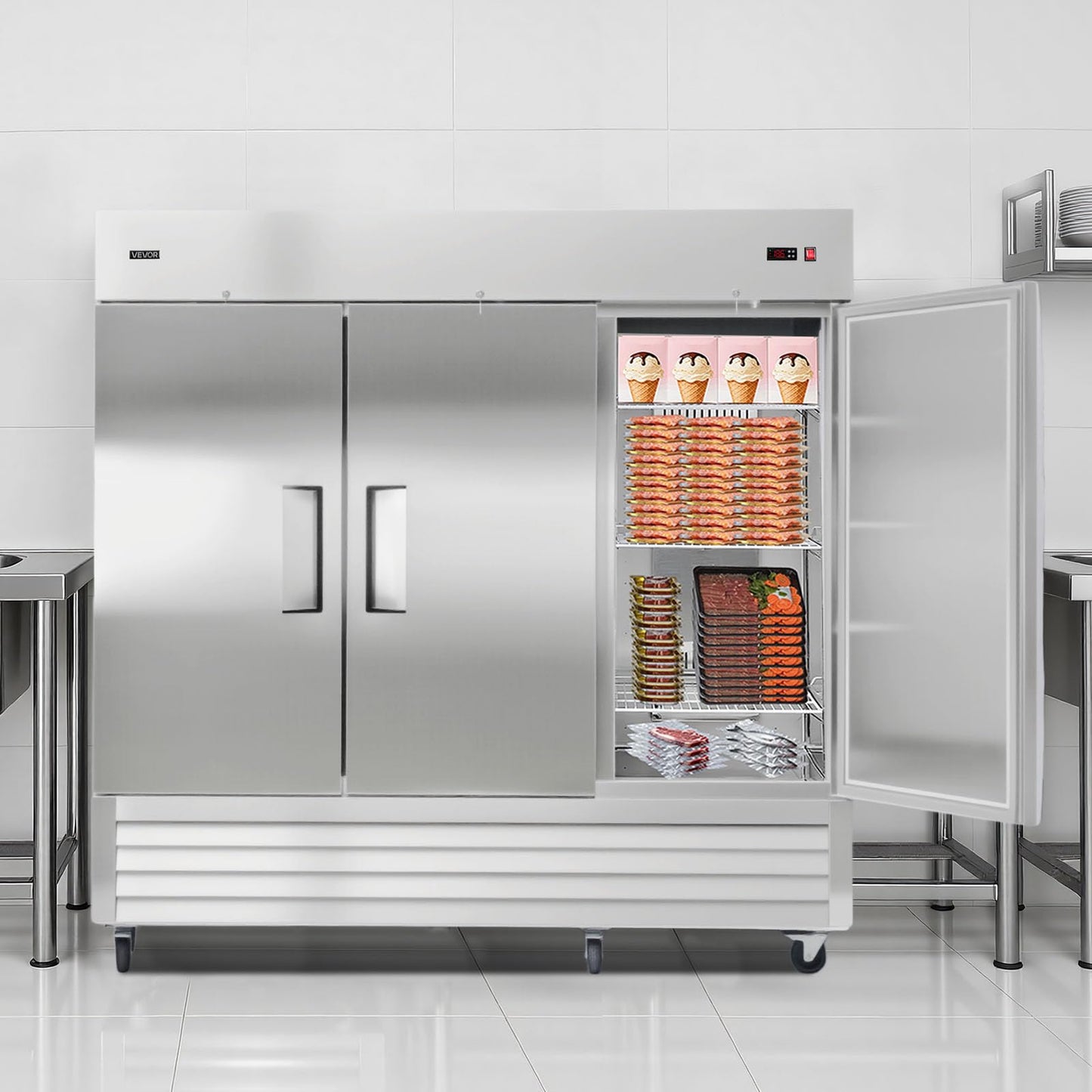 VEVOR Commercial Reach-In Freezer 85" W, 69 Cu.Ft Stainless Steel Upright Freezer with Three Doors, Auto-Defrost, 12 Adjustable Shelves, -11 to 14℉ Temp Control, ETL Certified