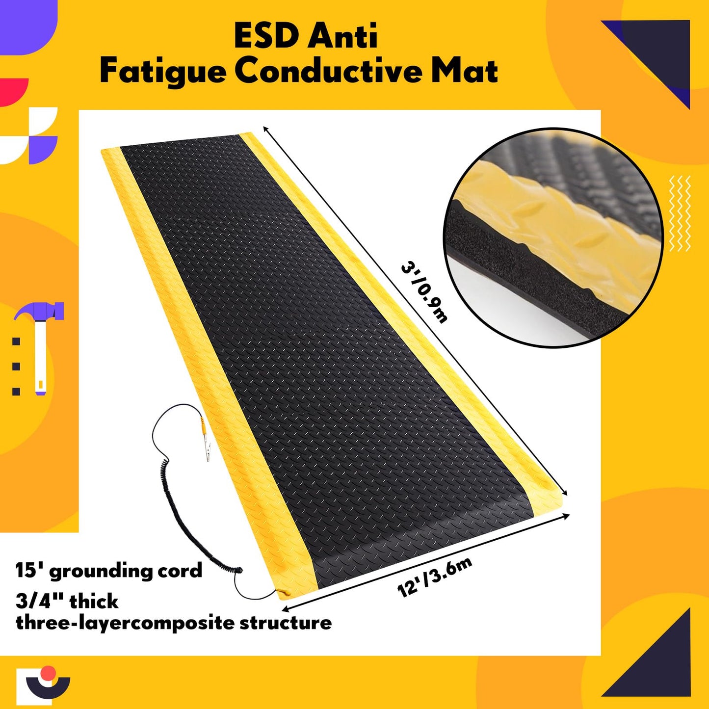 Drydiet 1 Pcs 3'x12' Anti Fatigue Mat Industrial, ESD Conductive Pad with Ground Wire, Heavy Duty Ergonomic Standing Floor Mat for Commercial Work, Shop Stand, Thick 3/4" Black with Yellow Border