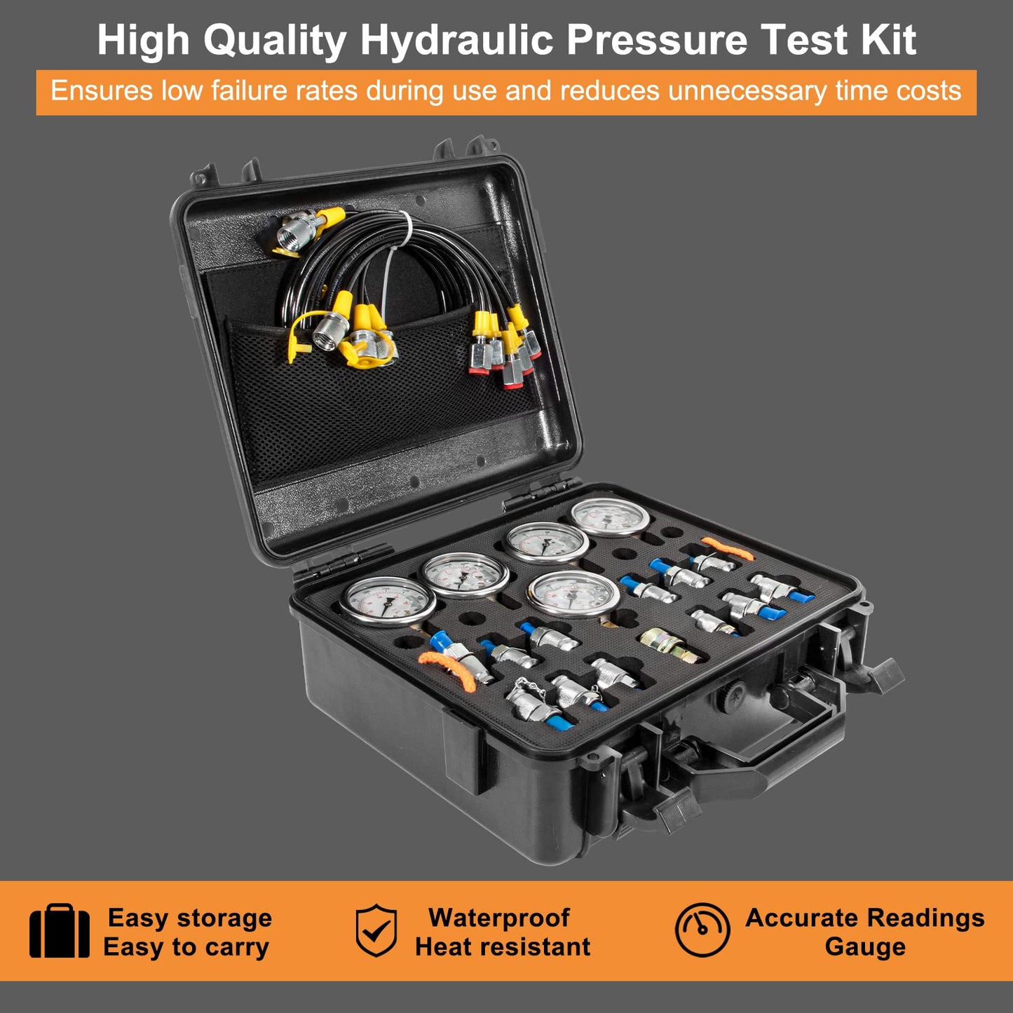 yourour Hydraulic Pressure Test Kit, 150/1500/3500/6000/9000 PSI, 5 Gauges, 13 Test Couplings, 14 Tee Connectors, 5 Test Hoses, with Sturdy Carrying Case for Construction Machinery Excavator