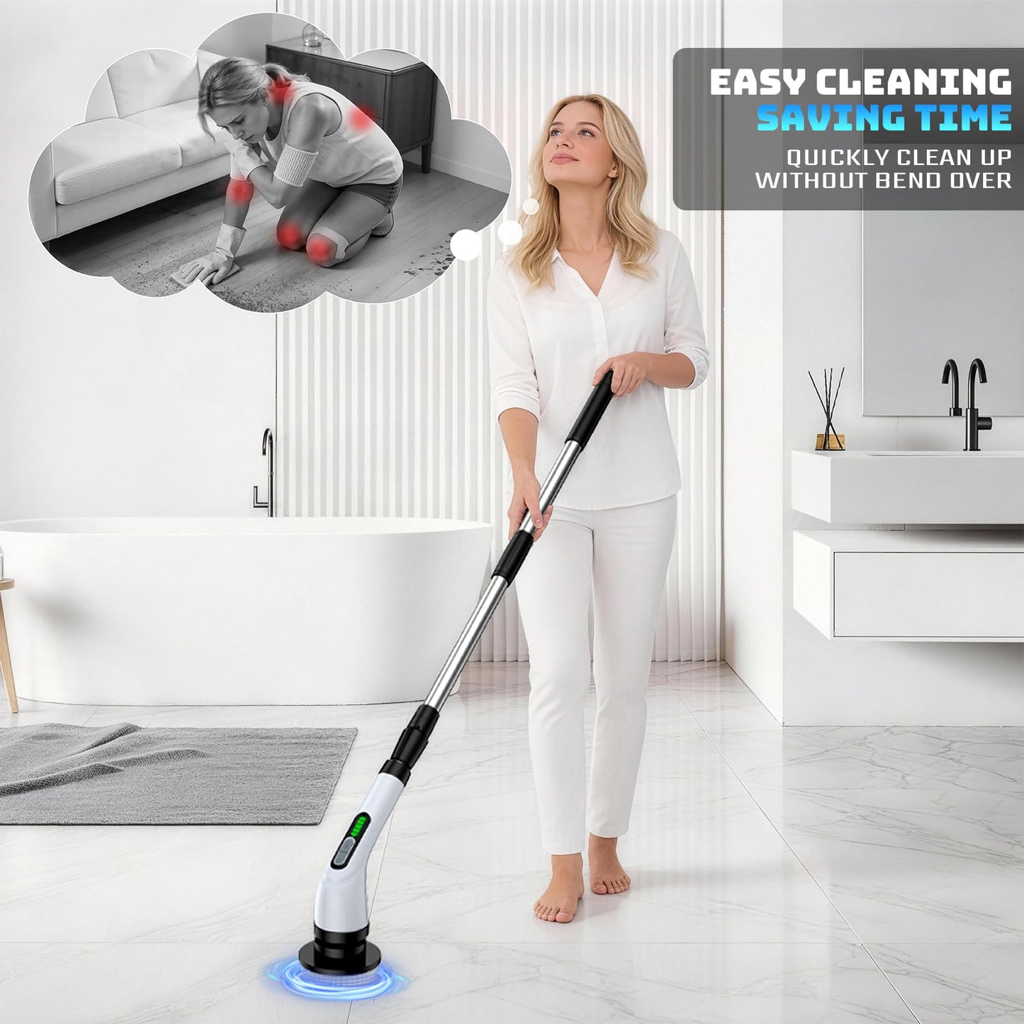 Highyes Electric Spin Scrubber, Powerful 2-Speed Cleaning Brush, IPX7 Waterproof with 7 Reusable Brush Heads & Extendable Handle, for Bathroom Toilet Shower Kitchen Wall Tile Floor Grout (White)