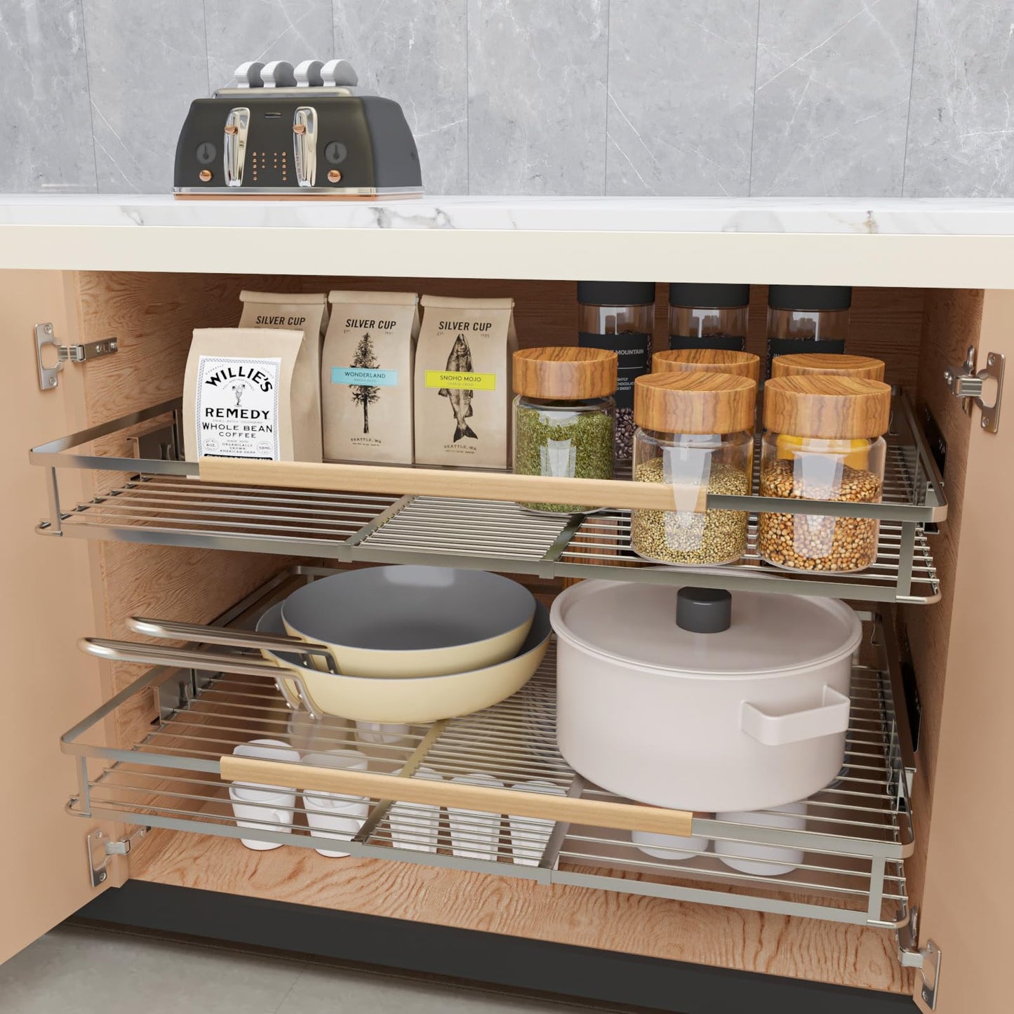 DPZM Expandable Pull Out Cabinet Organizer, 12.3"-18.5" W x 22.5''D